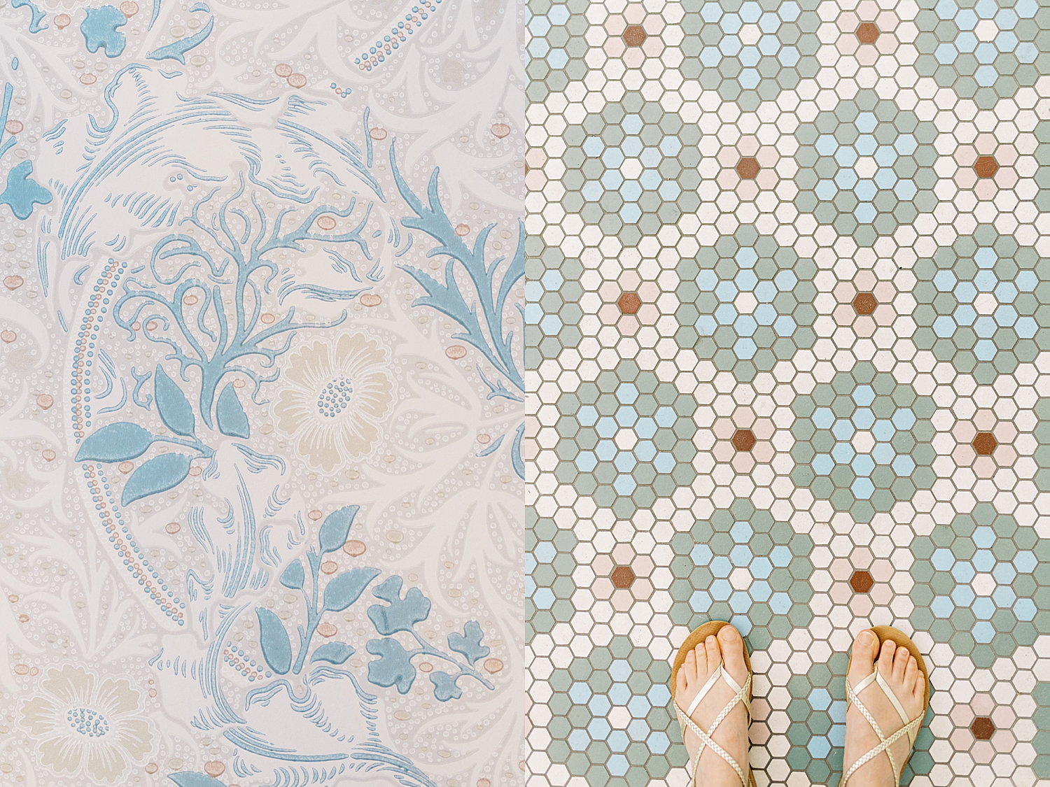 woman stands on bathroom tiled floor at Wish Well House venue