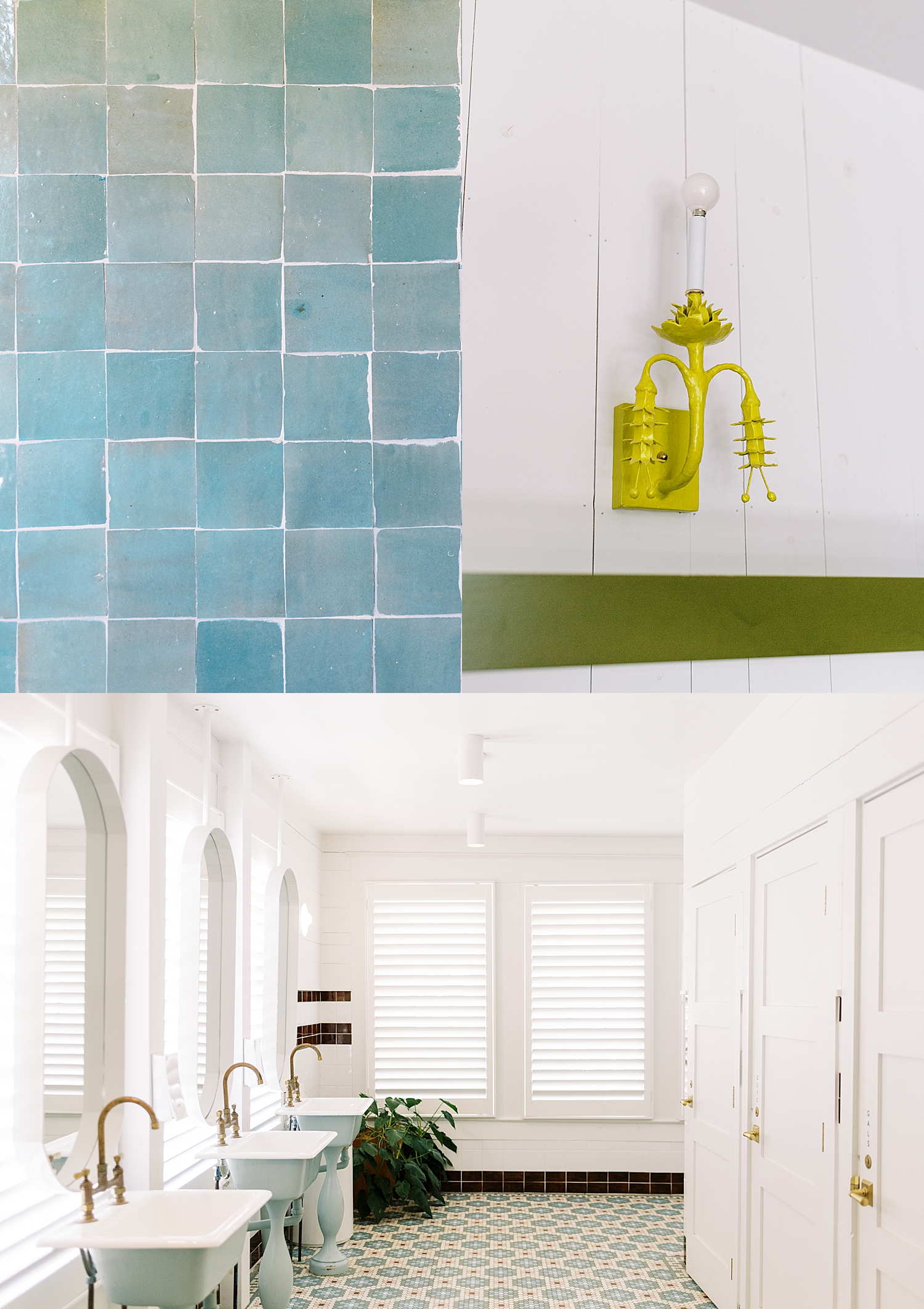 blue and green accents over a light filled bathroom at Wish Well House venue
