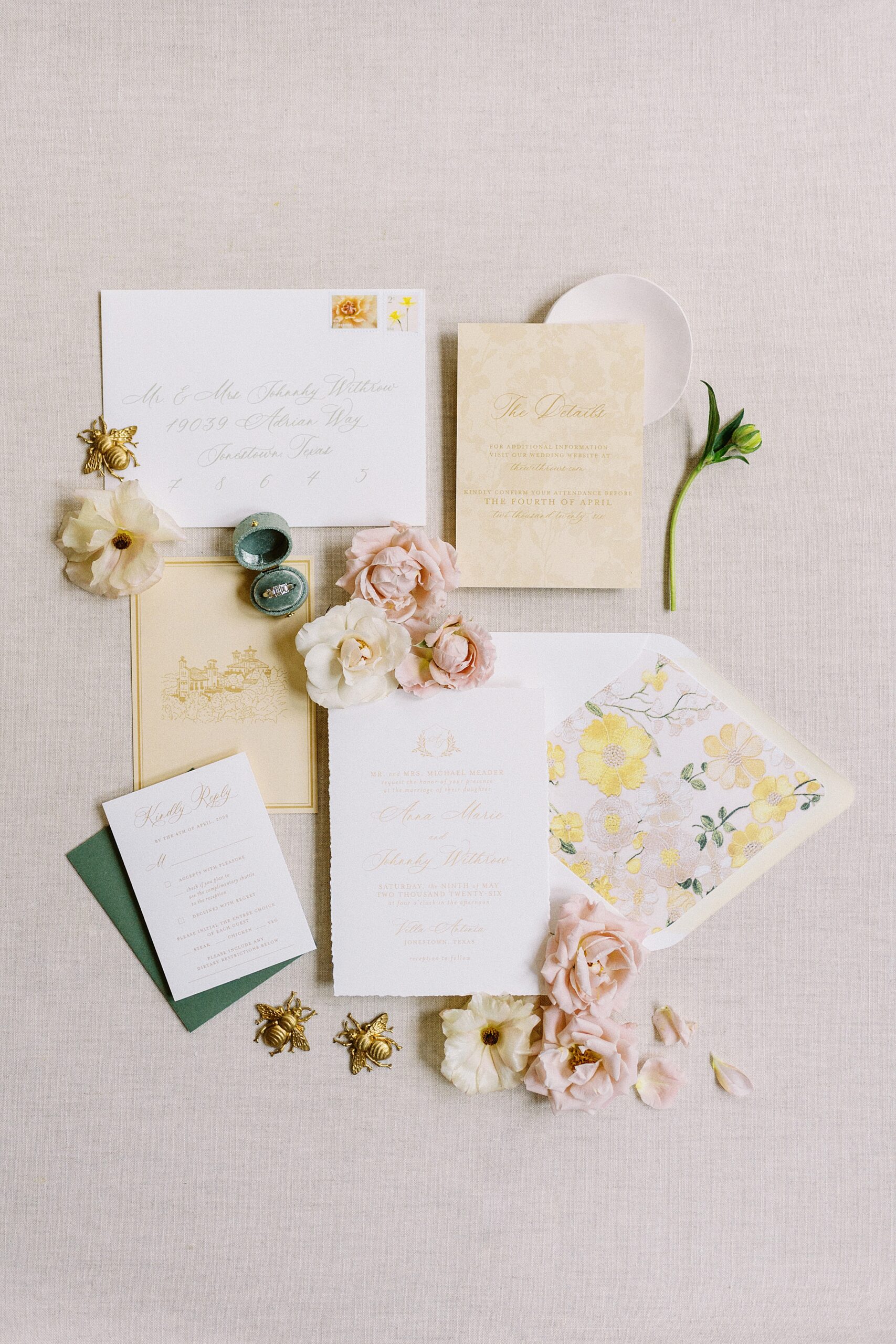 Villa Antonia butter yellow wedding invitation suite styled with flowers by Design to Flourish