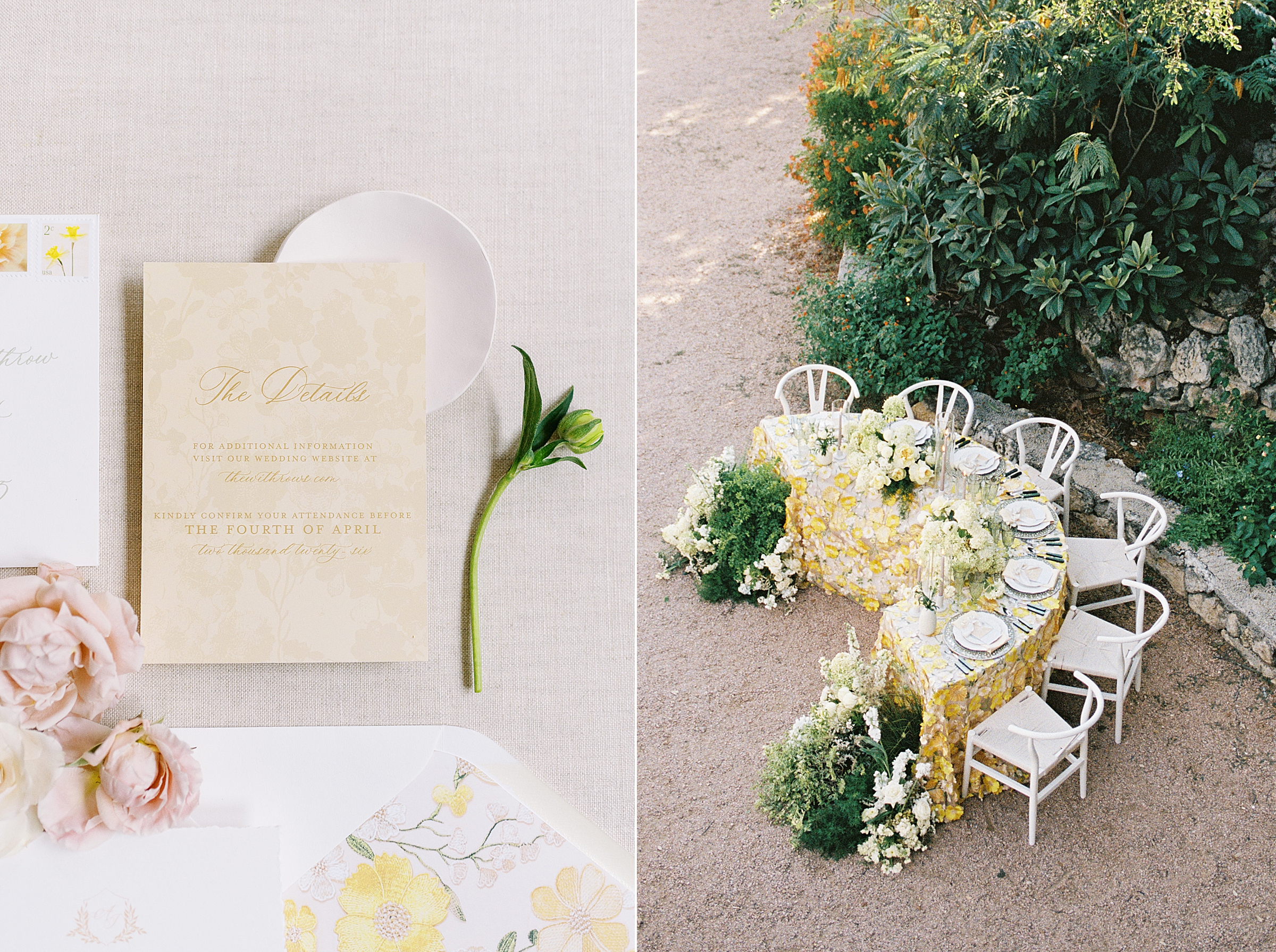 yellow floral tablescape with hydrangea and white wicker chairs seen from above at Villa Antonia