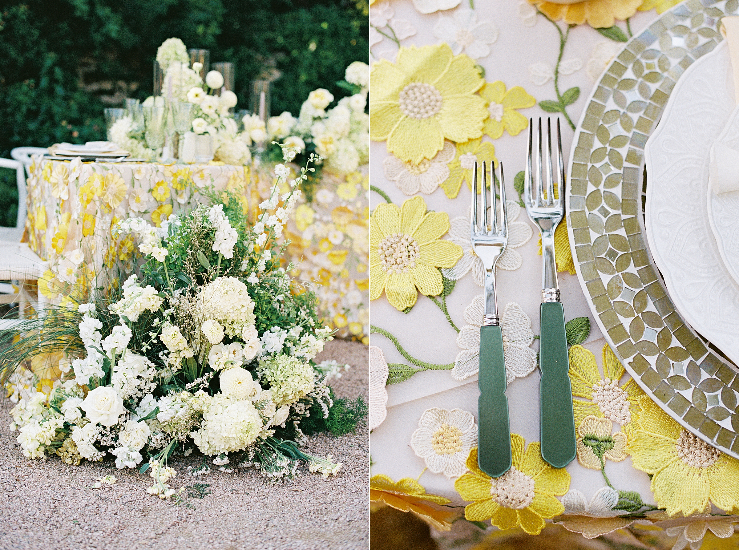 green-handled forks and low lush floral arrangement with white flowers for Villa Antonia wedding 