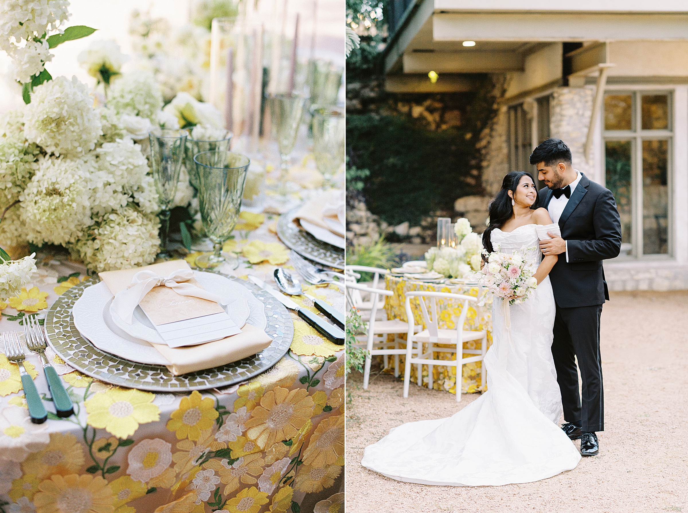 couples portraits at Austin wedding venue Villa Antonia with butter yellow table decor