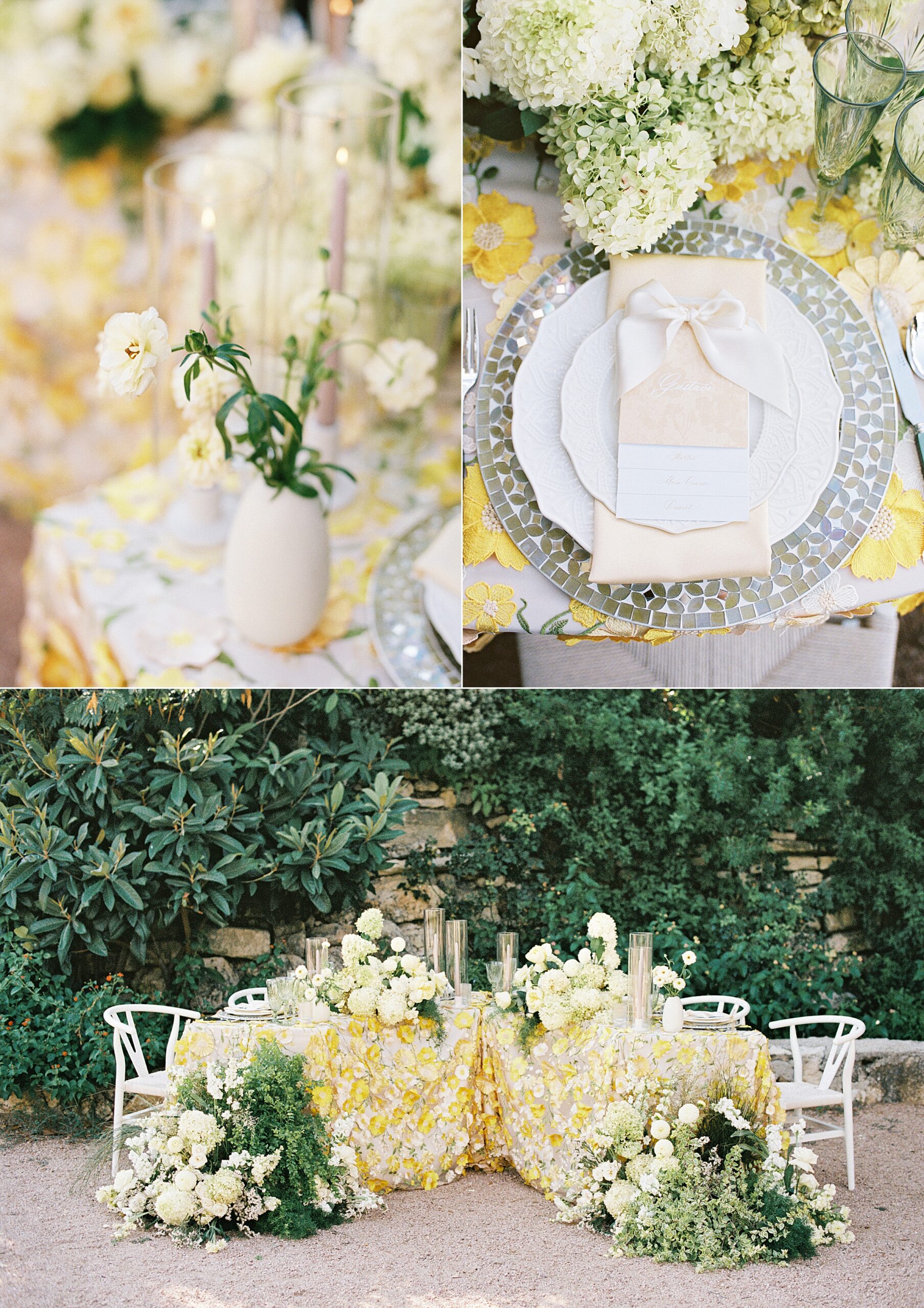details of butter yellow tablescape for Villa Antonia wedding editorial including green mosaic-edged charger and butterfly ranunculus