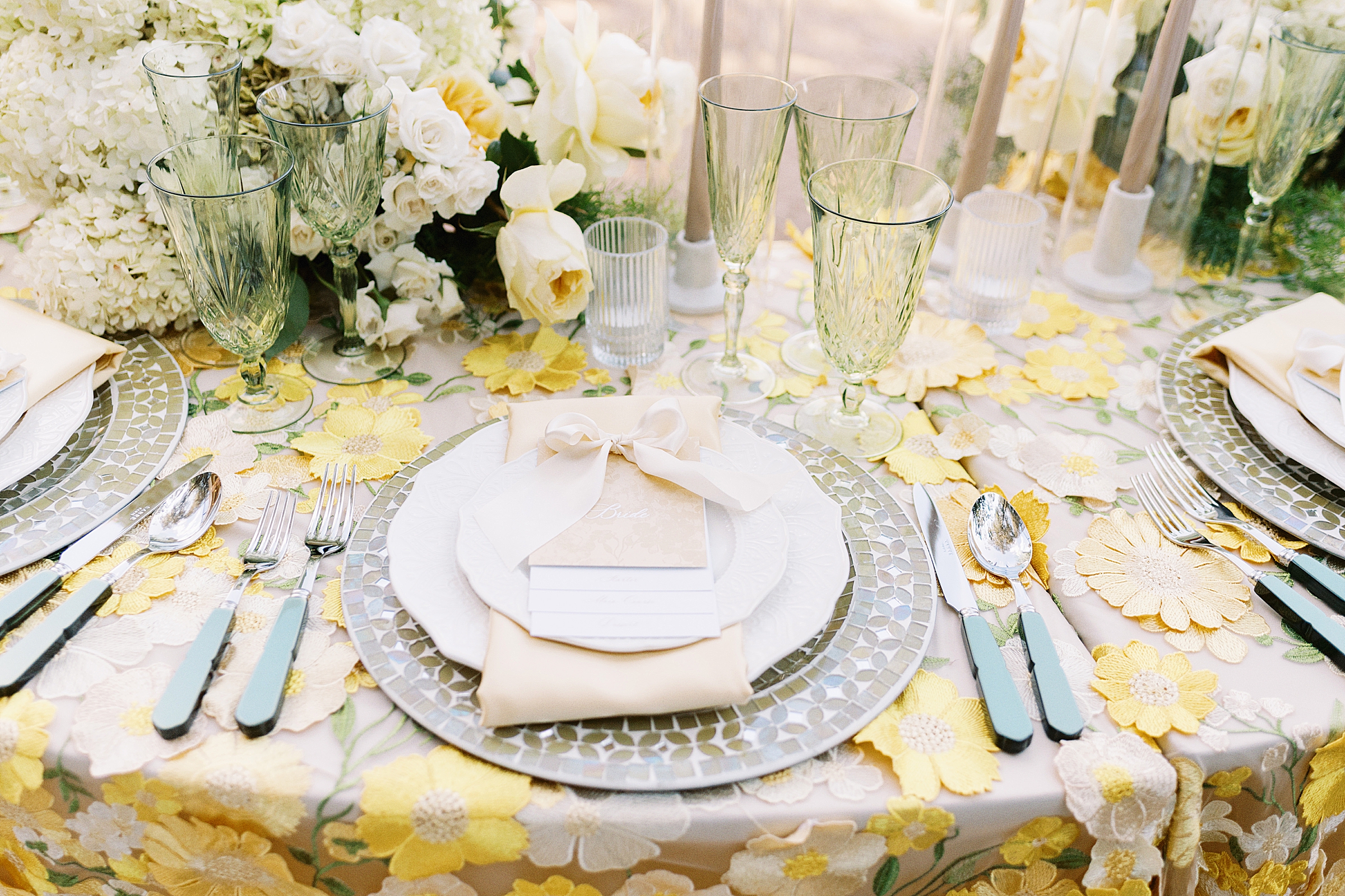 Austin wedding venue Villa Antonia editorial table setting in yellow and green