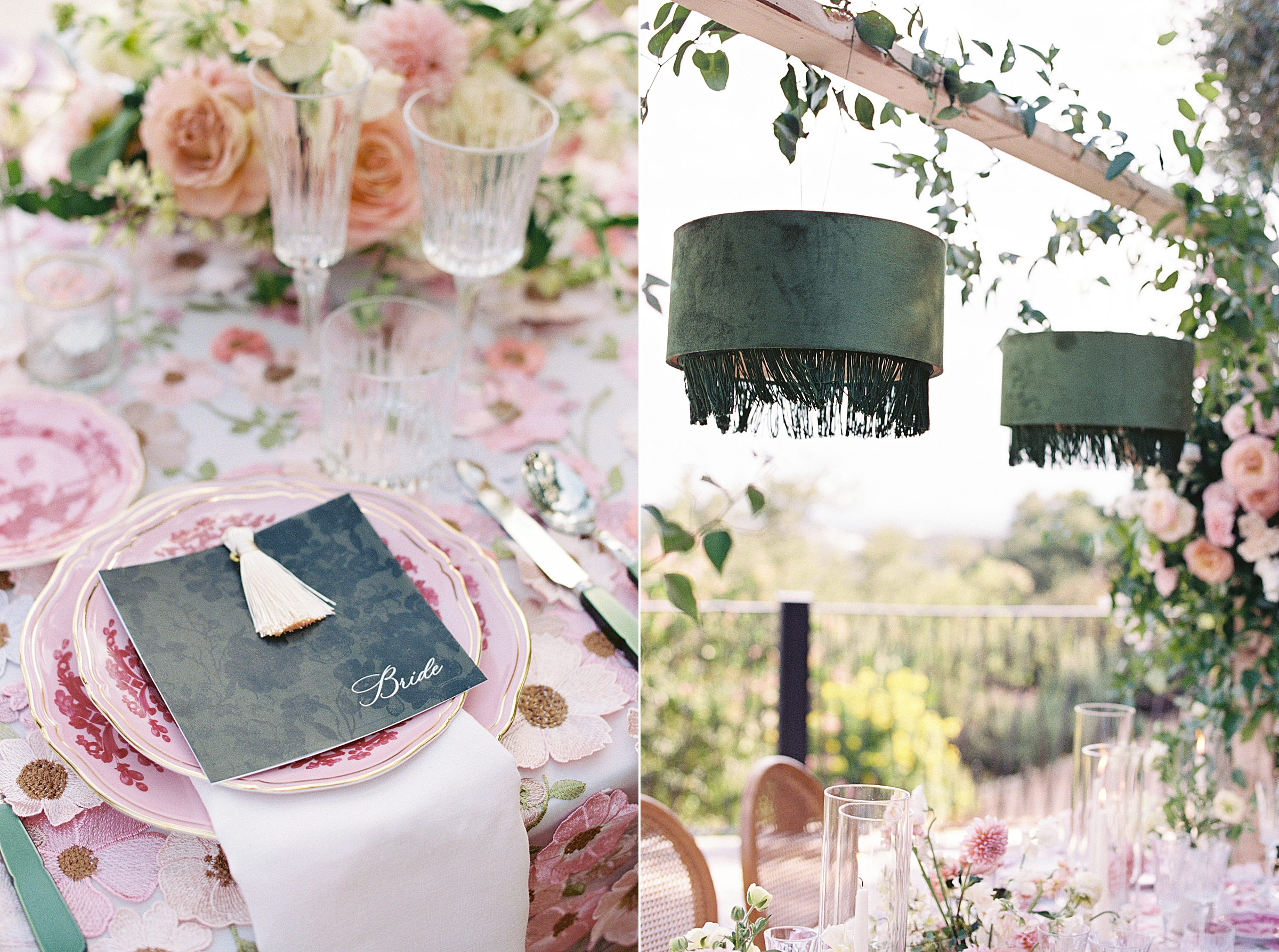 details of pink and green tablescape at Villa Antonia wedding editorial