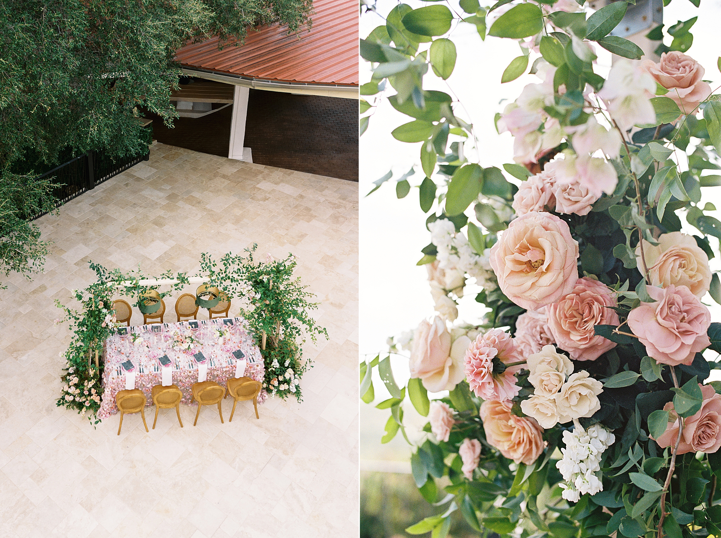 pink tablescape and flowers for Villa Antonia wedding editorial by Simply XO Events