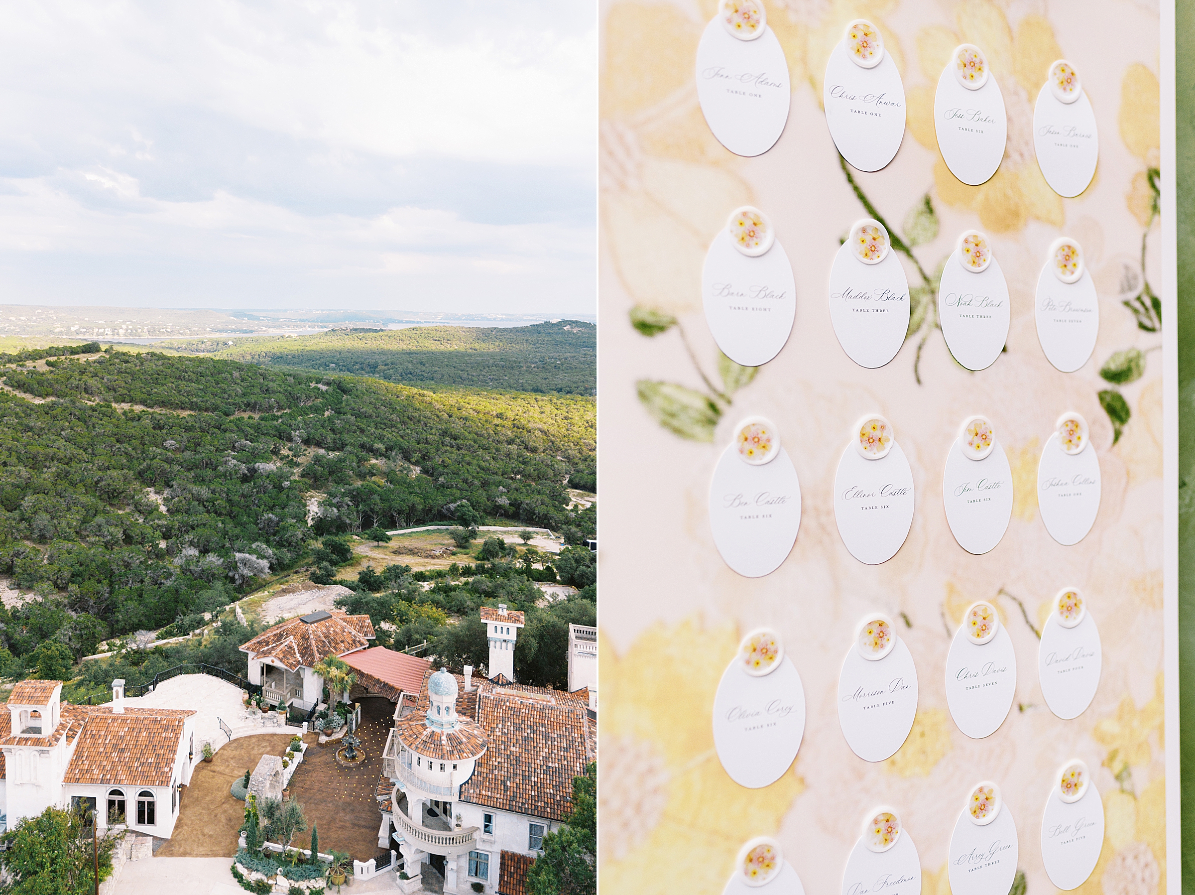 Austin wedding venue Villa Antonia drone photograph with detail of seating chart by Design to Flourish