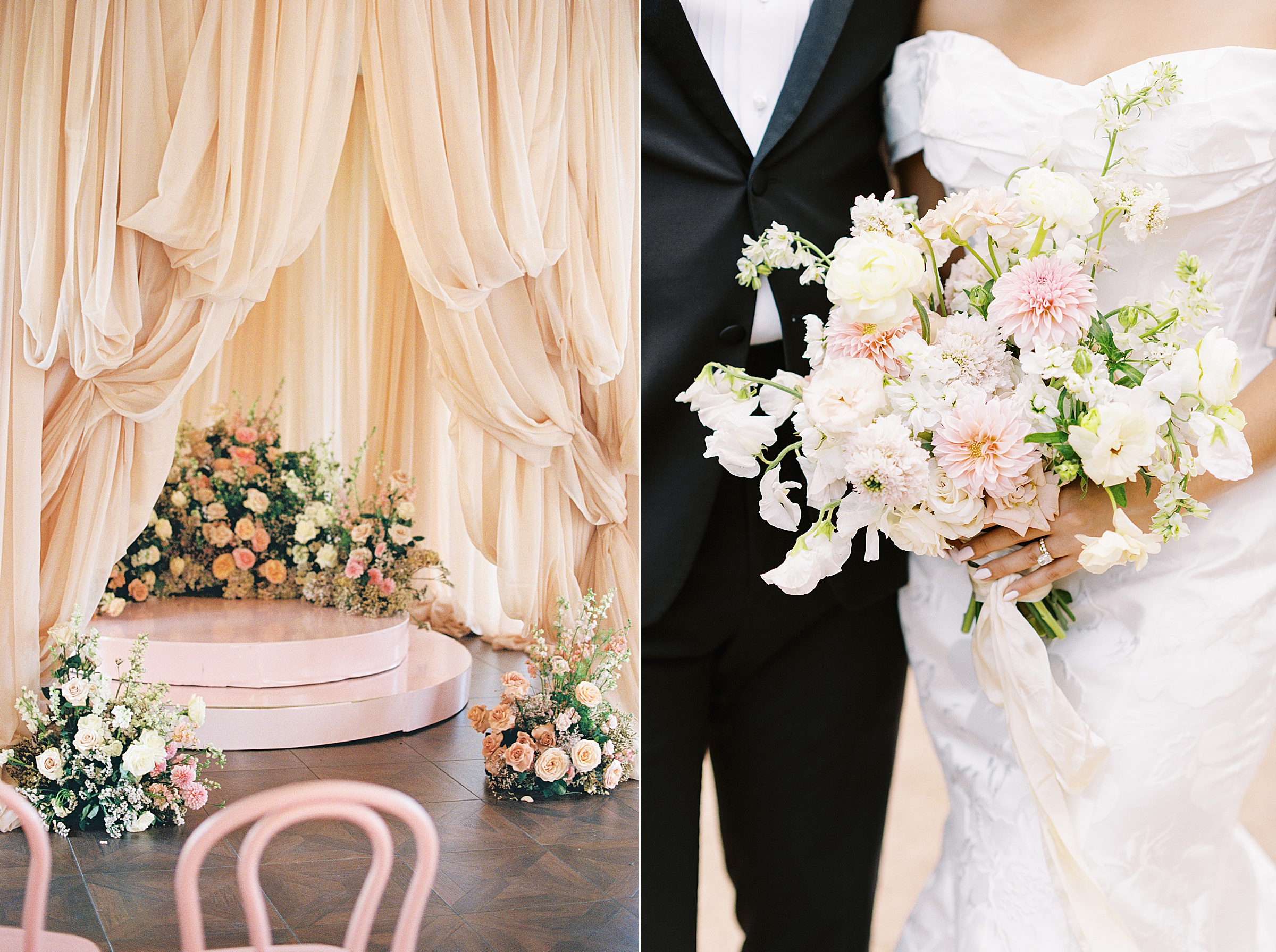 peach drapery and lush florals at Villa Antonia wedding