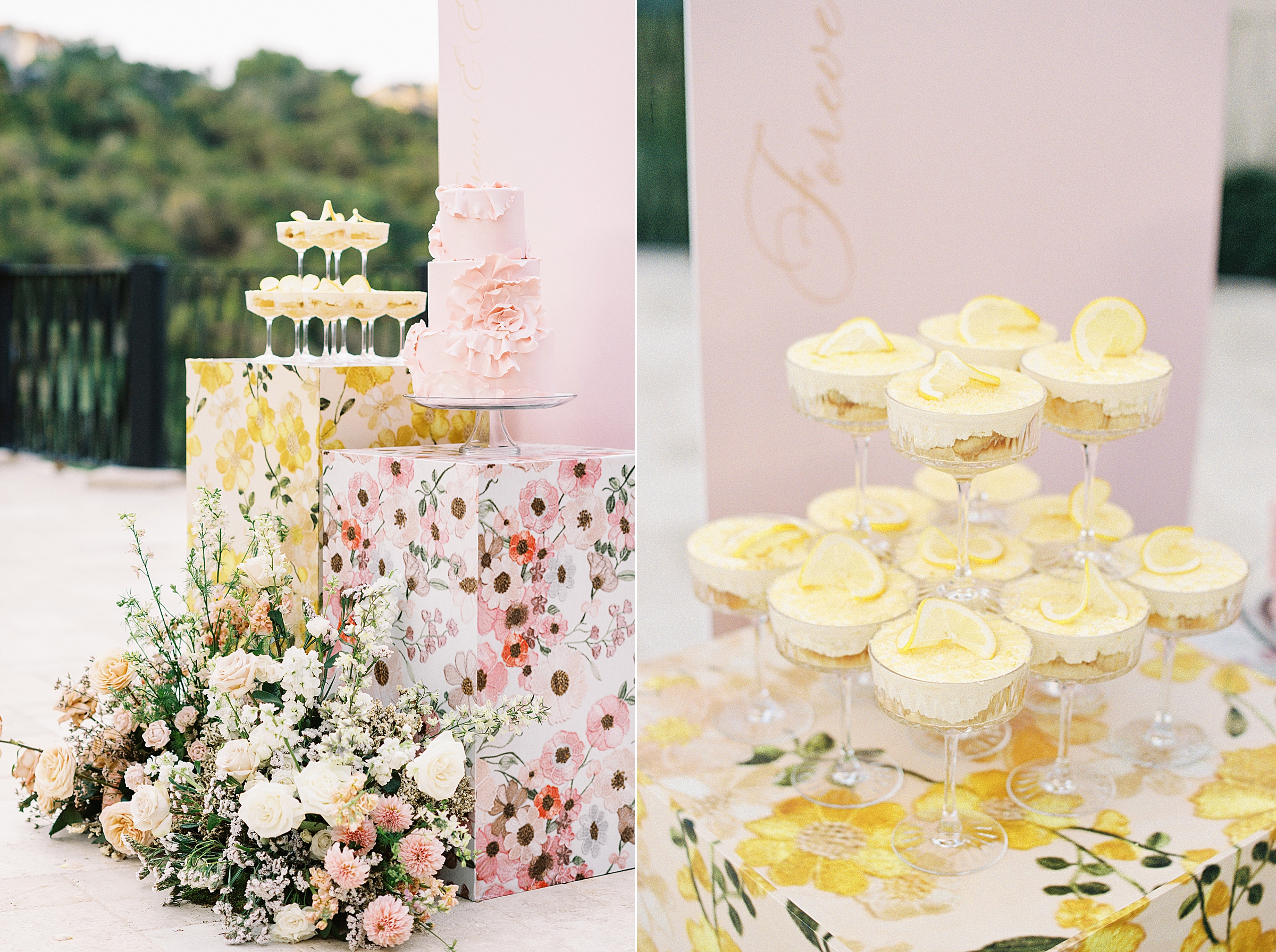 pink wedding cake and lemon desserts at Villa Antonia wedding editorial