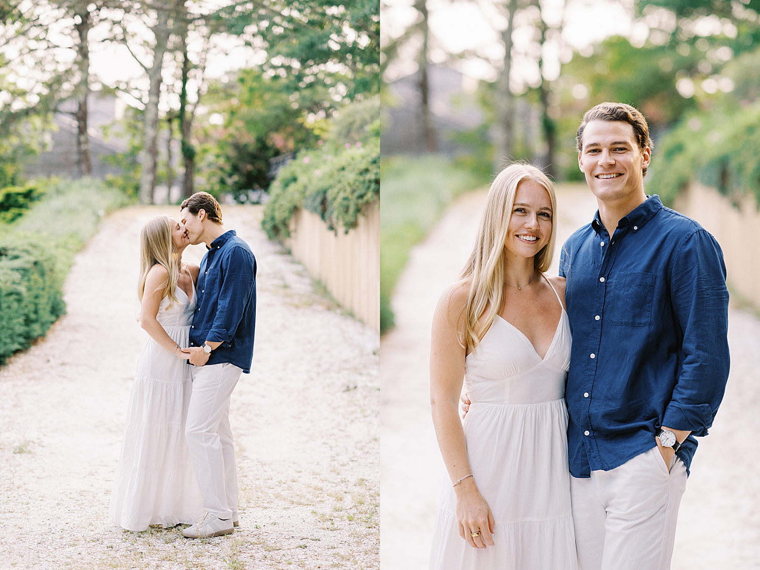 man and woman share a kiss on pathway for Engagement Session in Wellfleet