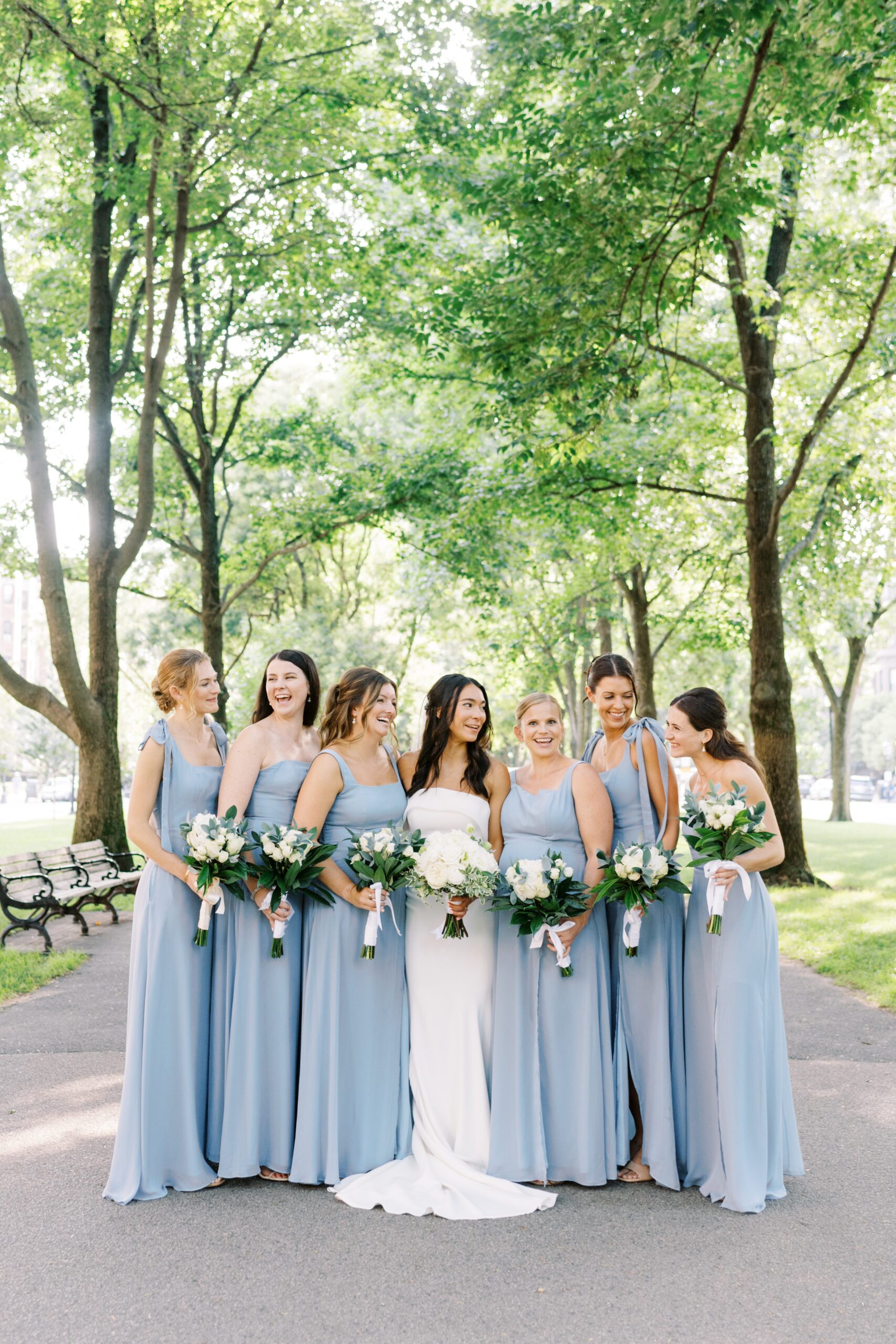 Bride and bridesmaids pose for portrait on Comm Ave Mall in Boston by Boston wedding photographer