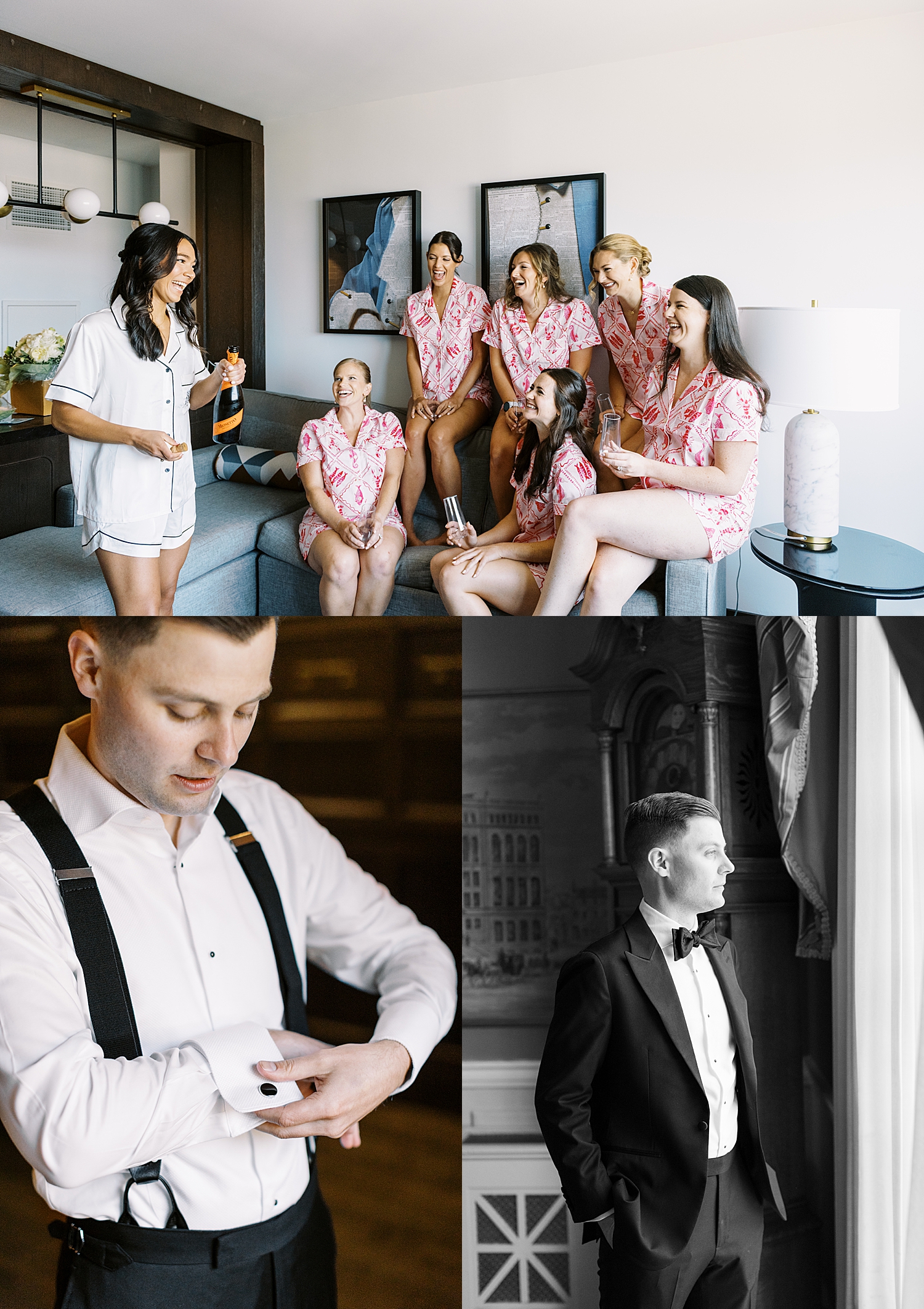 bride gets ready with her bridesmaids while man adjusts cufflinks next door by Lynne Reznick Photography