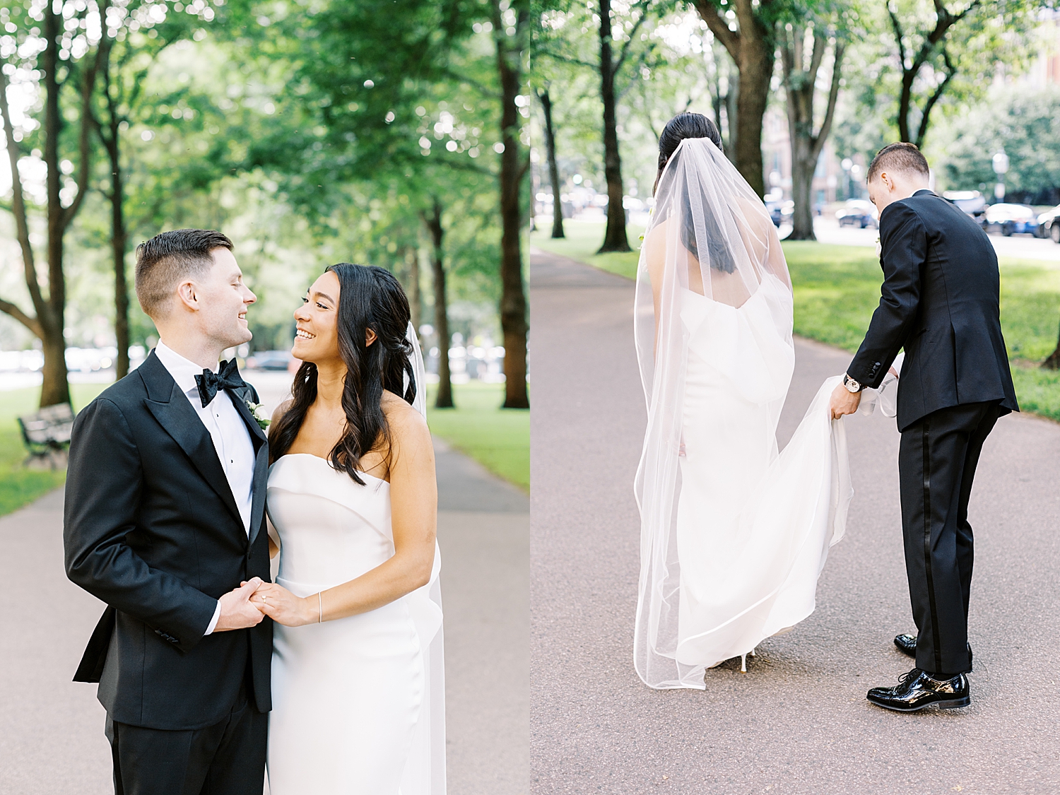 bride and groom wedding portraits at Comm Ave Mall before reception at Havard Club of Boston