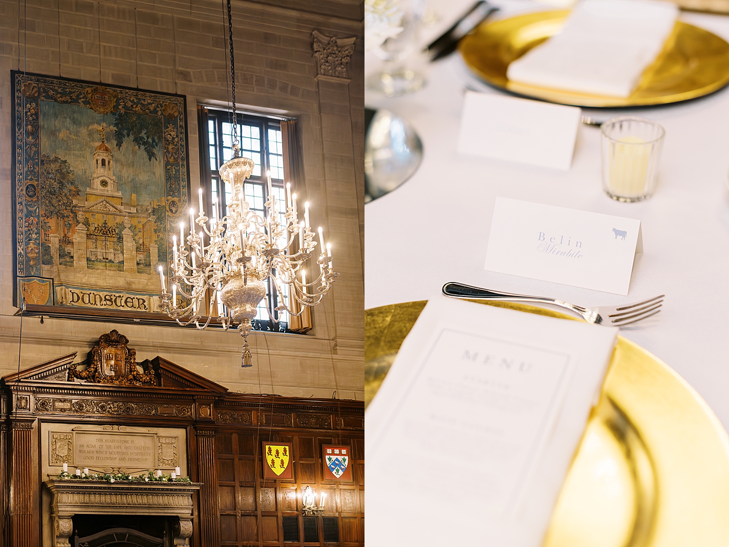 large hall with looming chandeliers providing lighting by New England Wedding Photographer