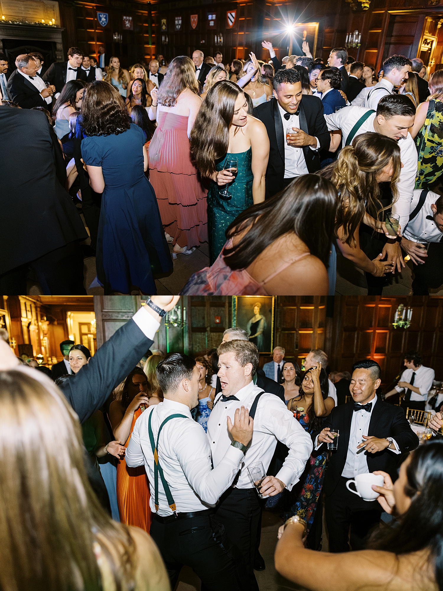 guests jam pack the dance floor for reception at Harvard Club of Boston by Lynne Reznick Photography