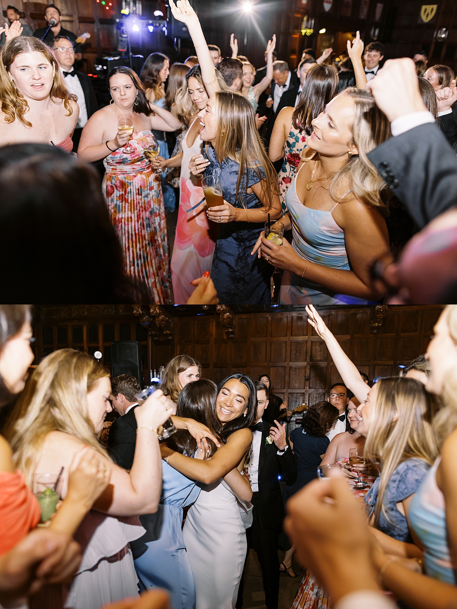 guests share light sticks on the dance floor by New England Wedding Photographer