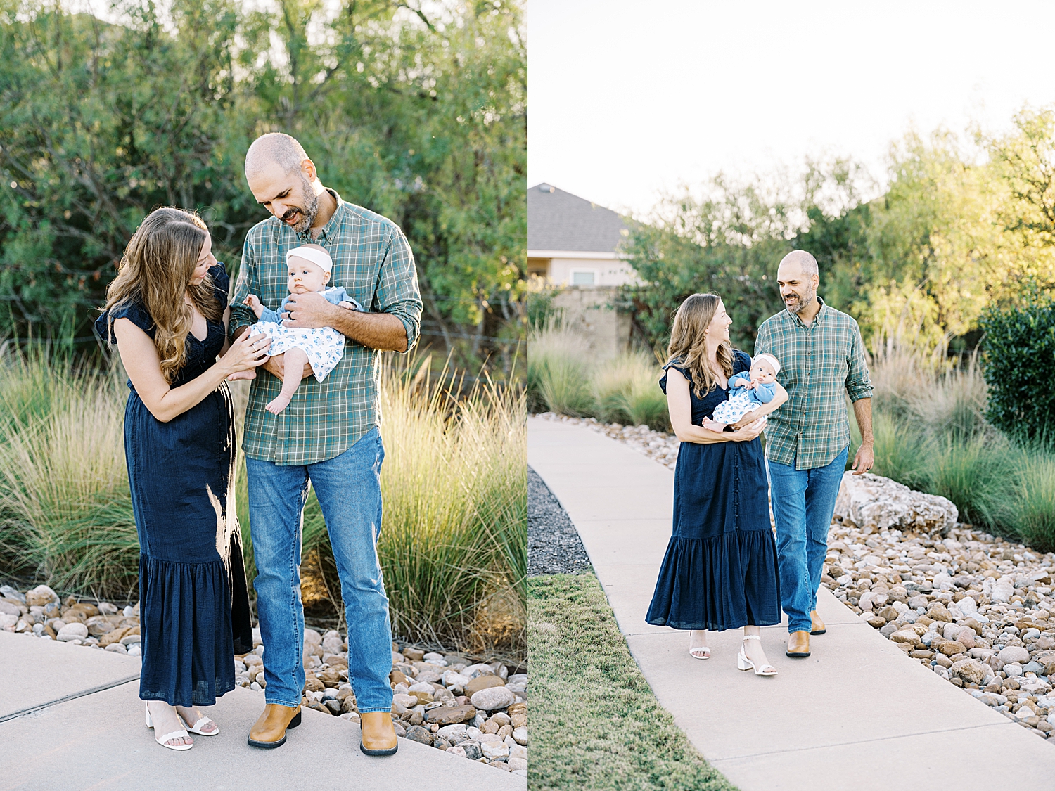 mother and father walk down neighborhood sidewalk with infant by Lynne Reznick Photography
