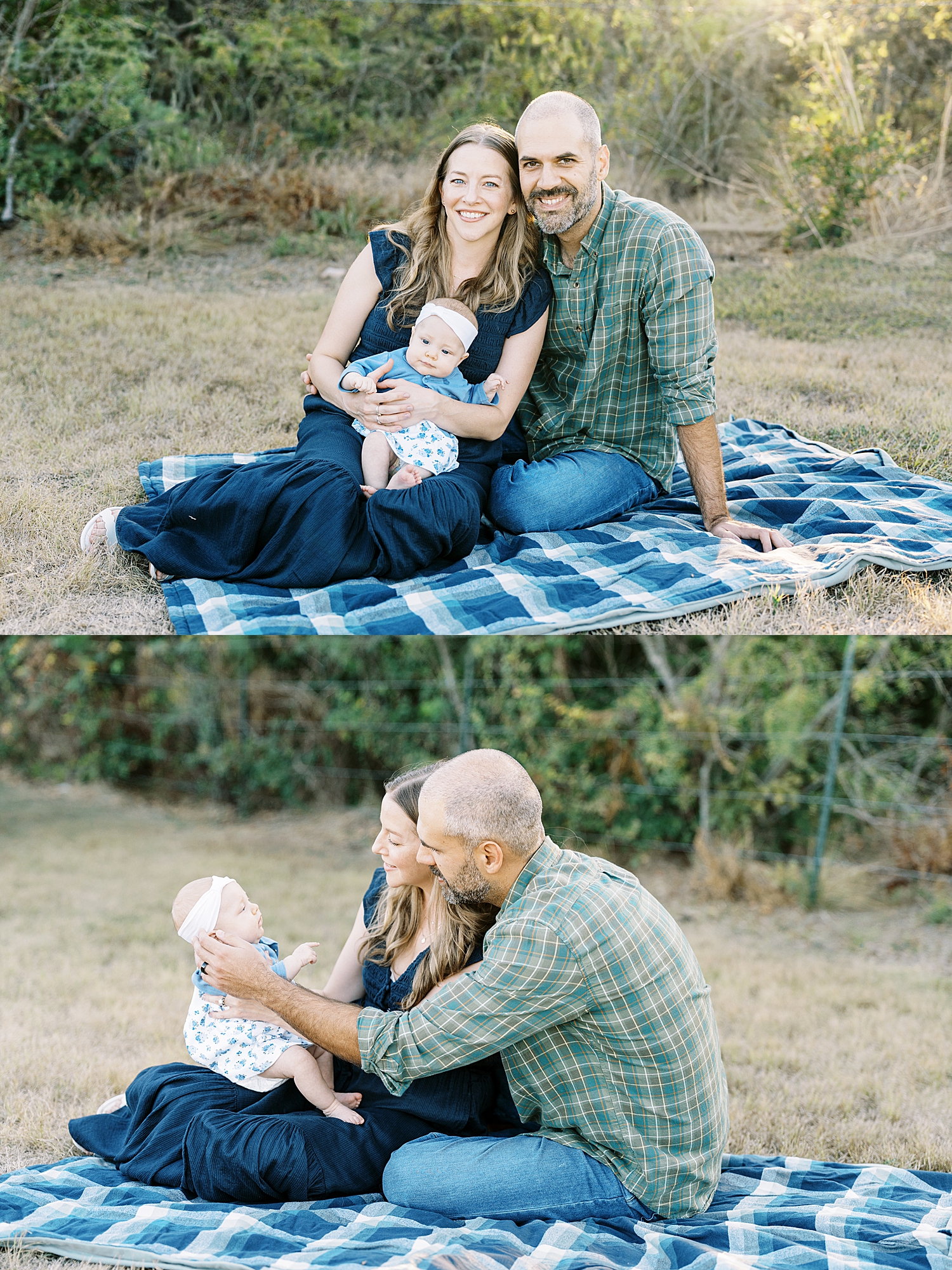 mom and dad sit on blue blanket with daughter for newborn family session