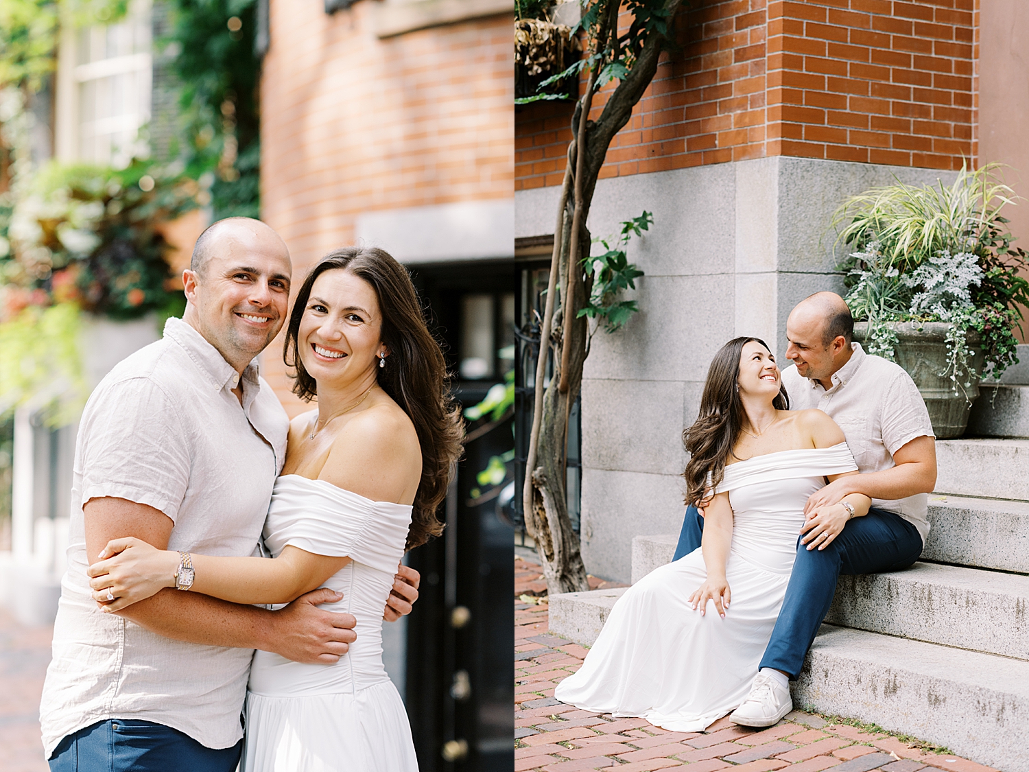 engaged couple sits on stoop for Charles River Esplanade Engagement Session