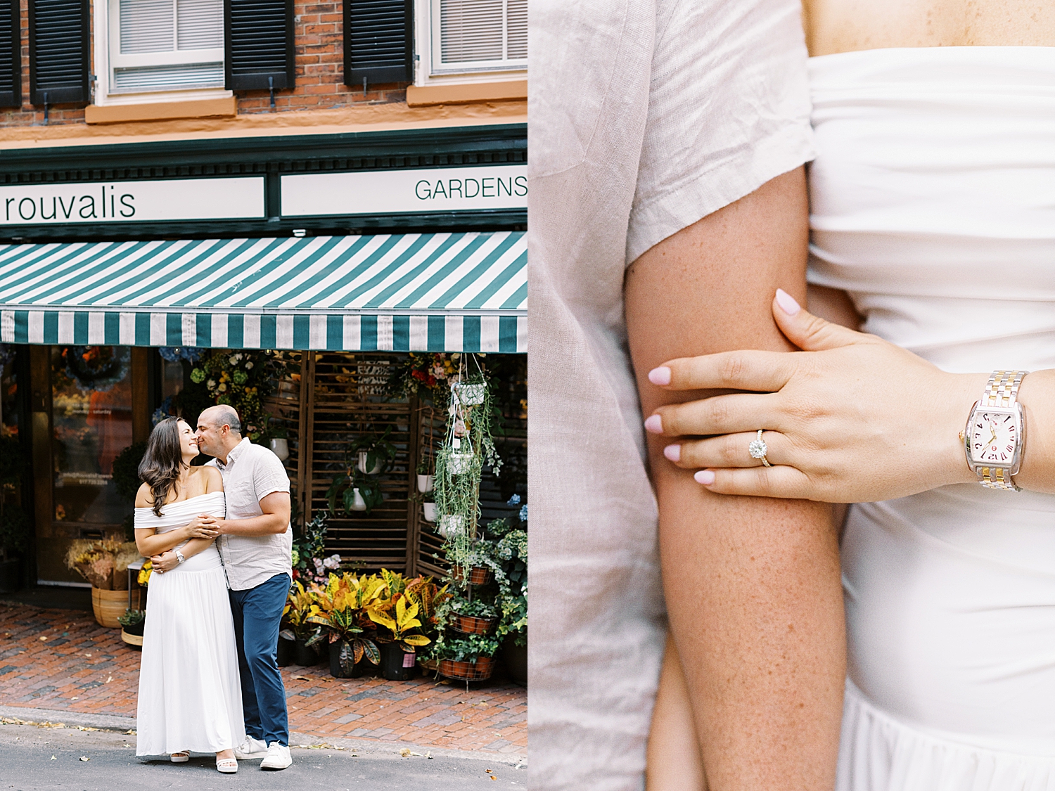 man and woman snuggle close on Beacon Hill street by Lynne Reznick Photography