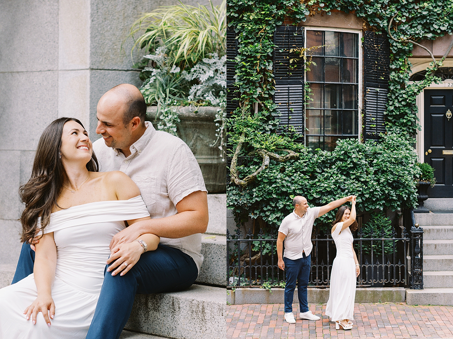 man spins woman in white dress on street by Boston wedding photographer