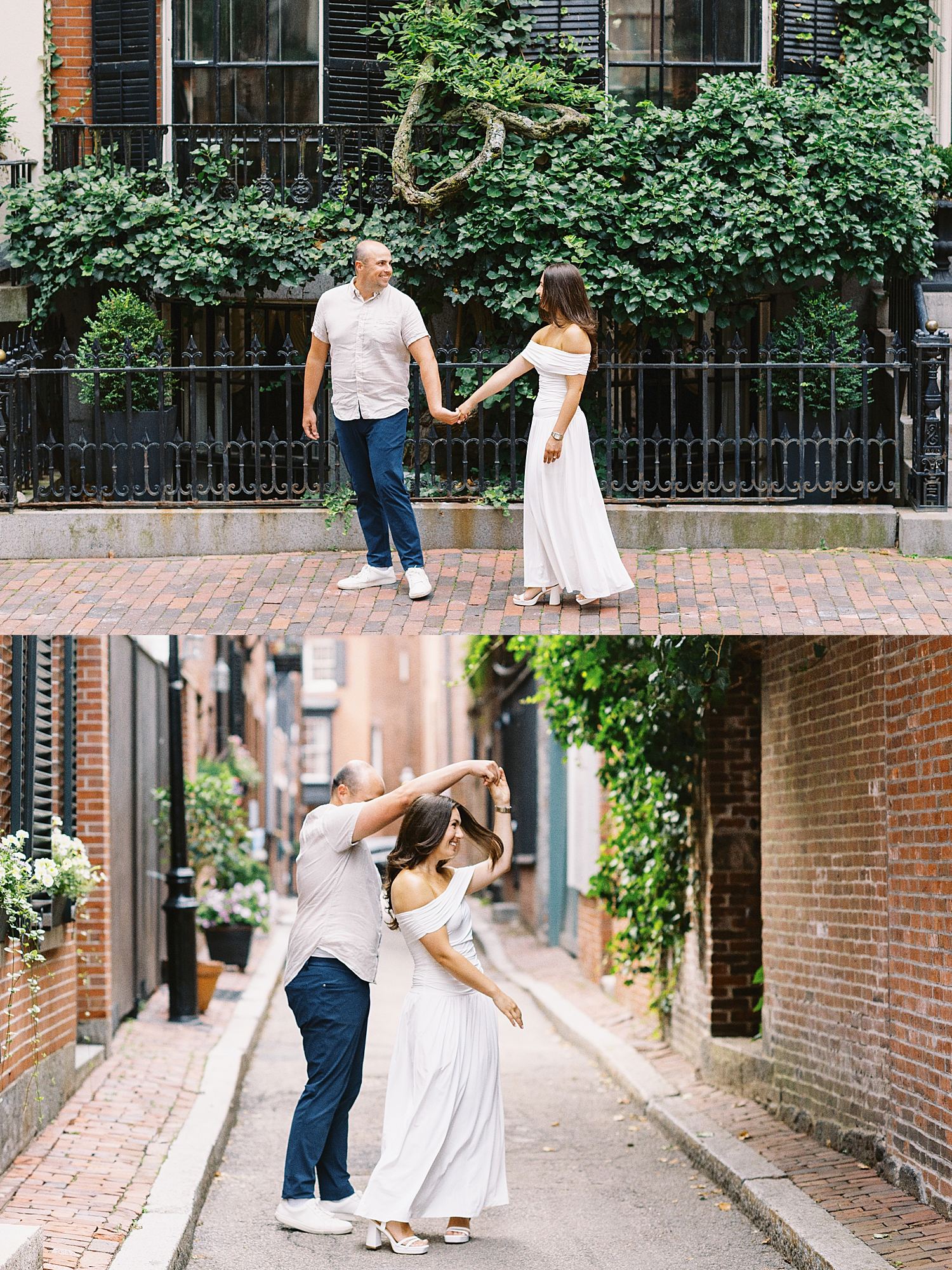 groom twirls bride-to-be on Beacon Hill Alley by Lynne Reznick Photography