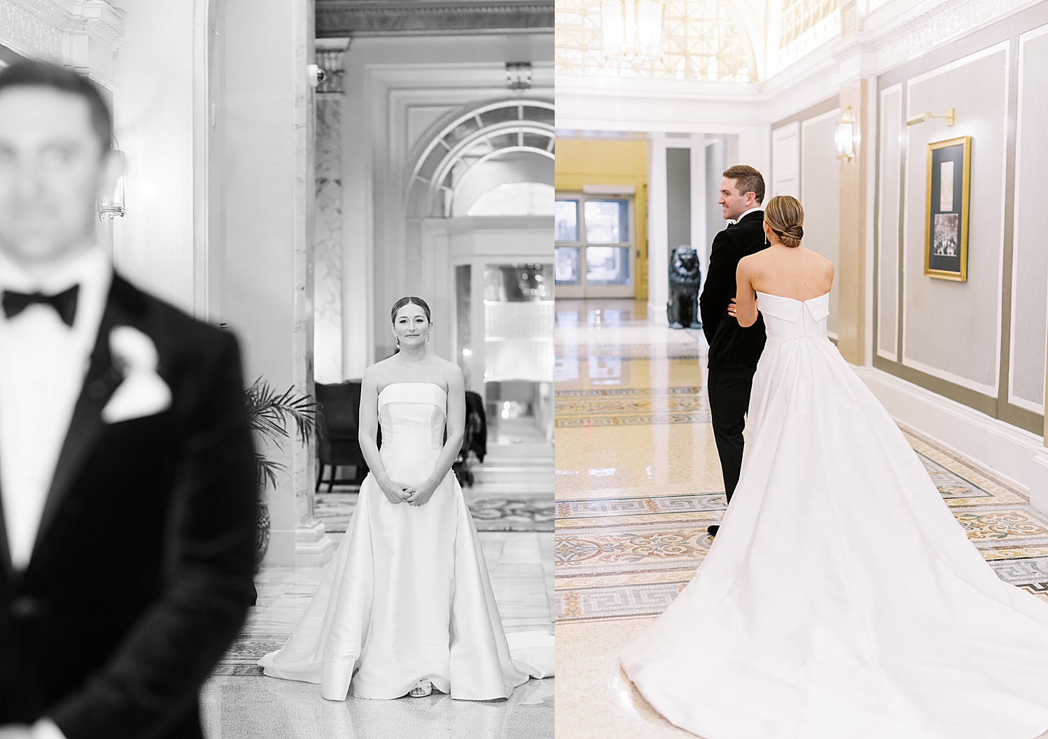 bride waits in lobby for first look for NYE wedding weekend