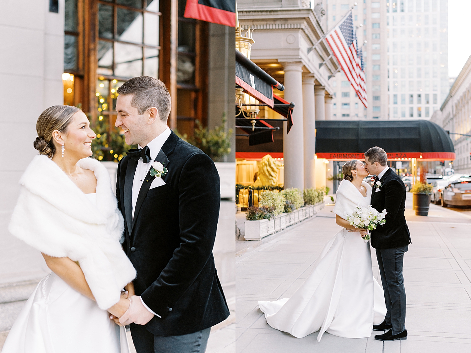 husband and wife stand on the sidewalk outside Fairmont by Lynne Reznick Photography