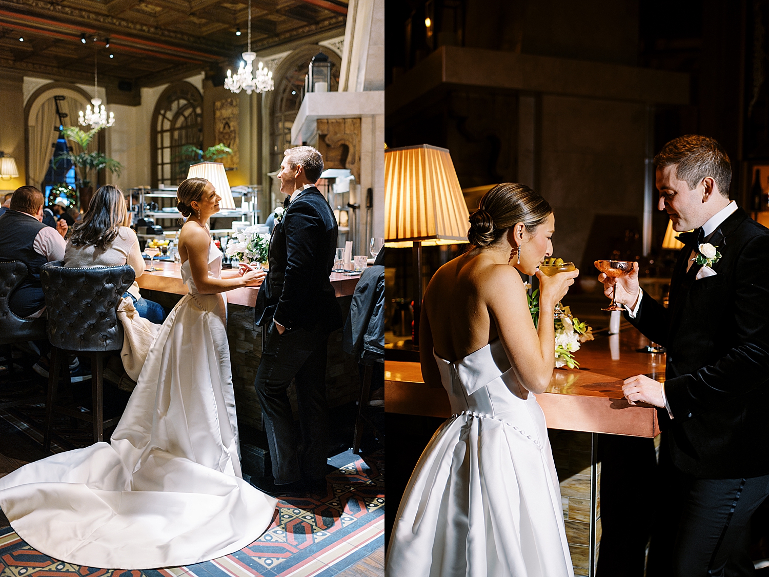 couple share a drink in their bridal attire at bar by Boston photographer