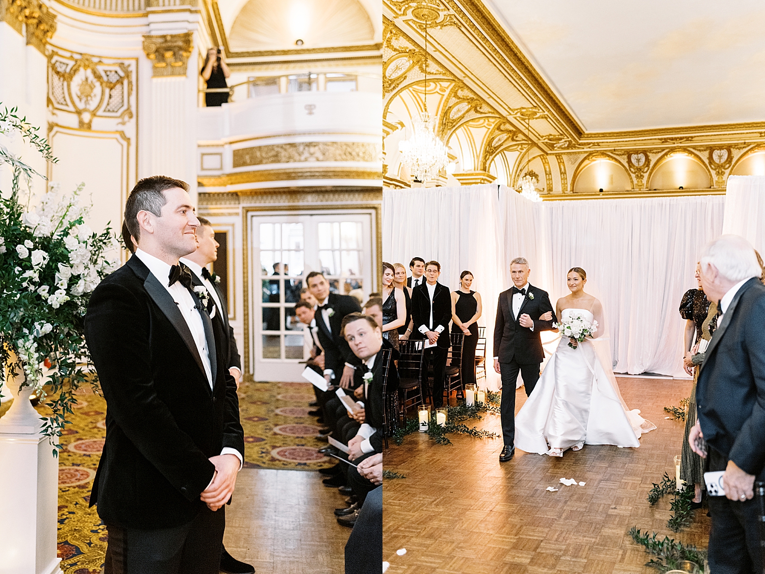 bride walks down the aisle while groom watches by Boston photographer