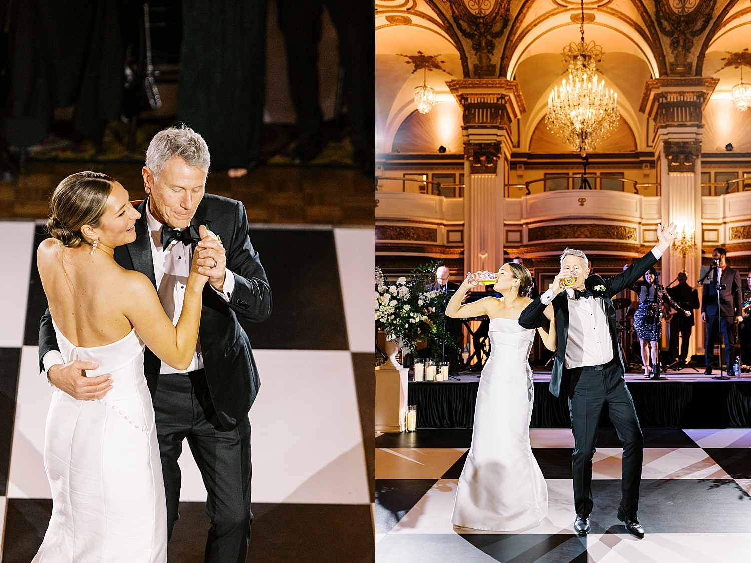 bride and her father chug a beer during dance for NYE wedding weekend