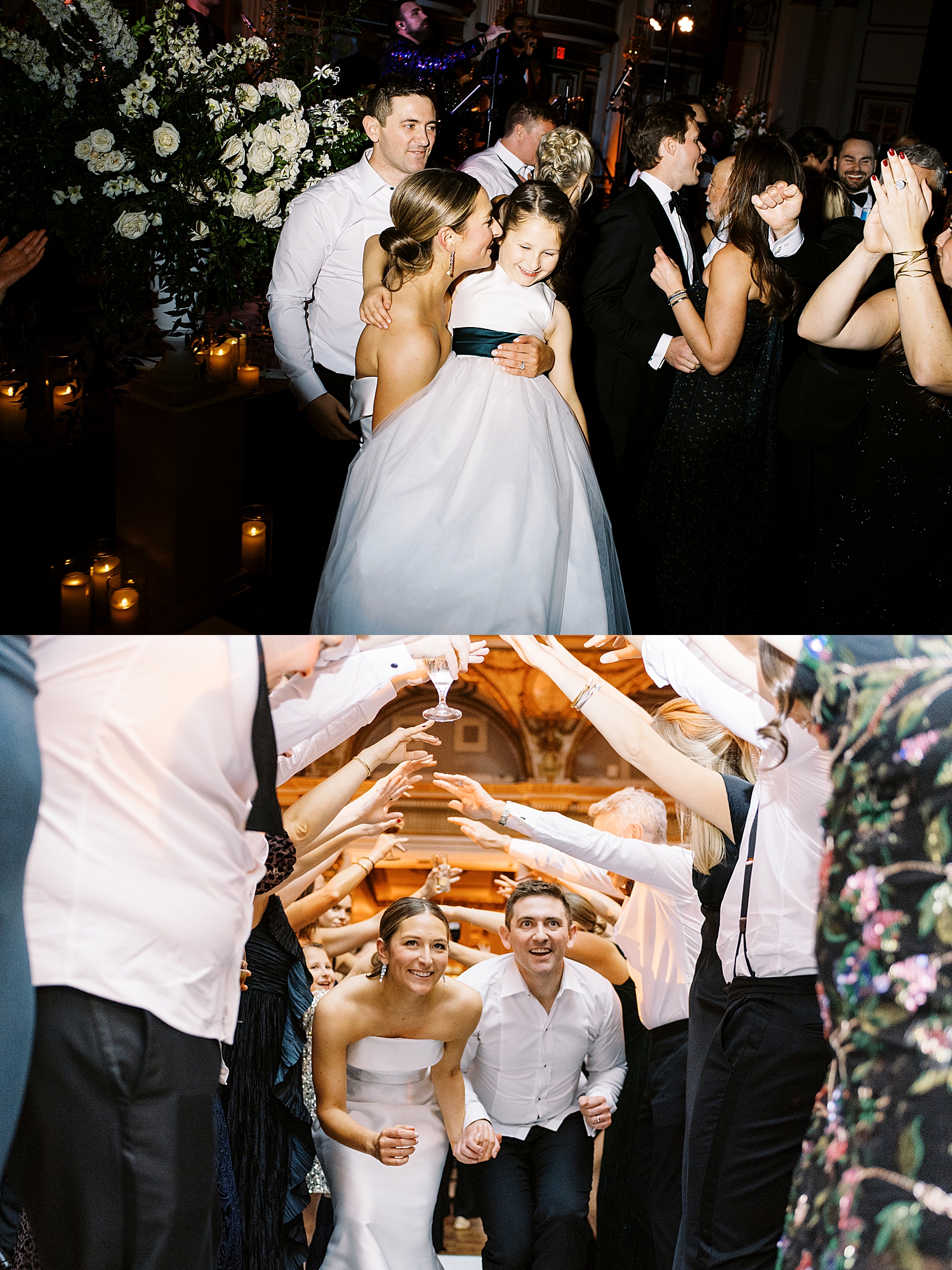 bride and groom walk under outstretched hands of friends by Lynne Reznick Photography
