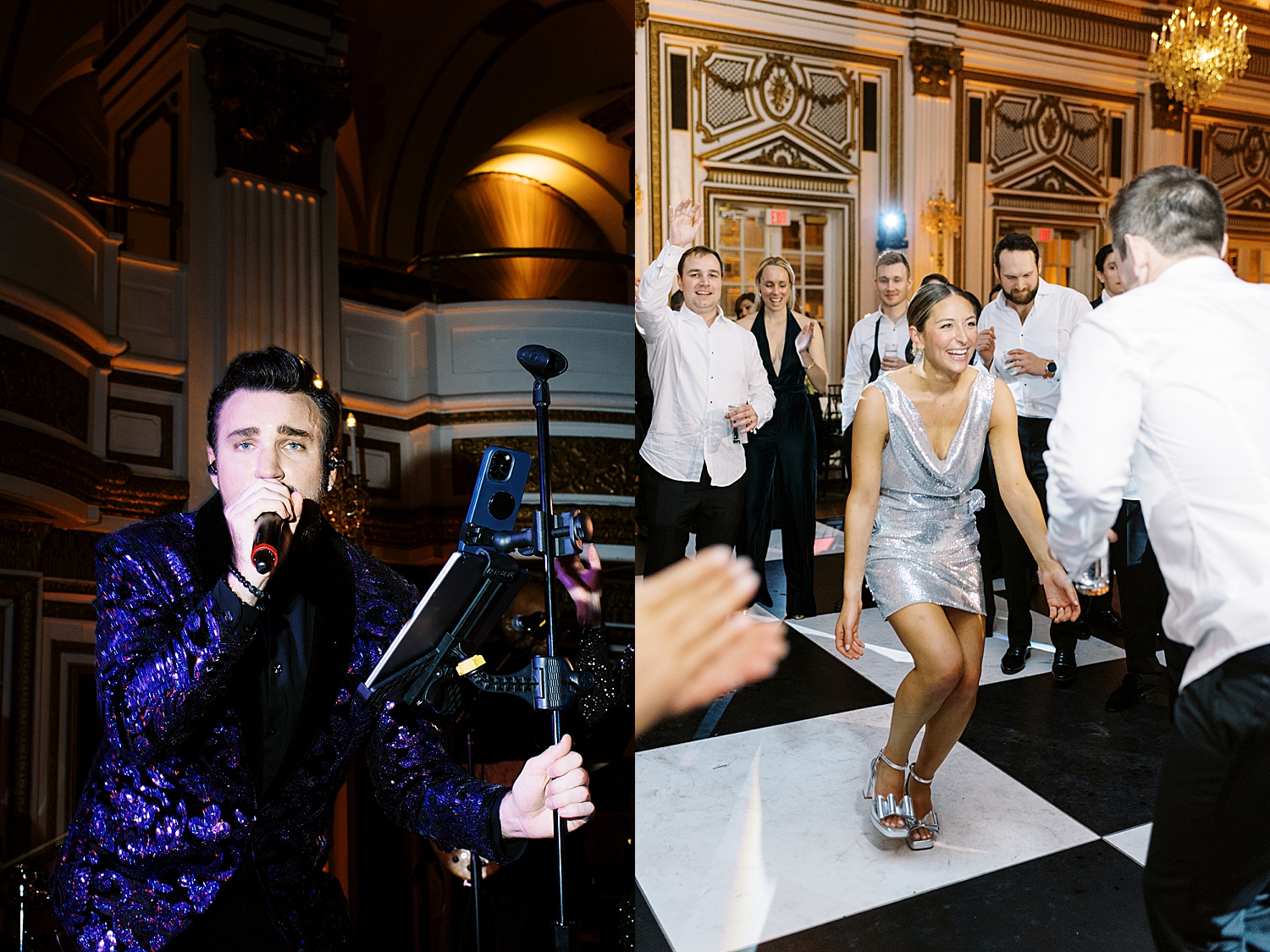 bride in sparkly silver dress dances to band for NYE wedding weekend