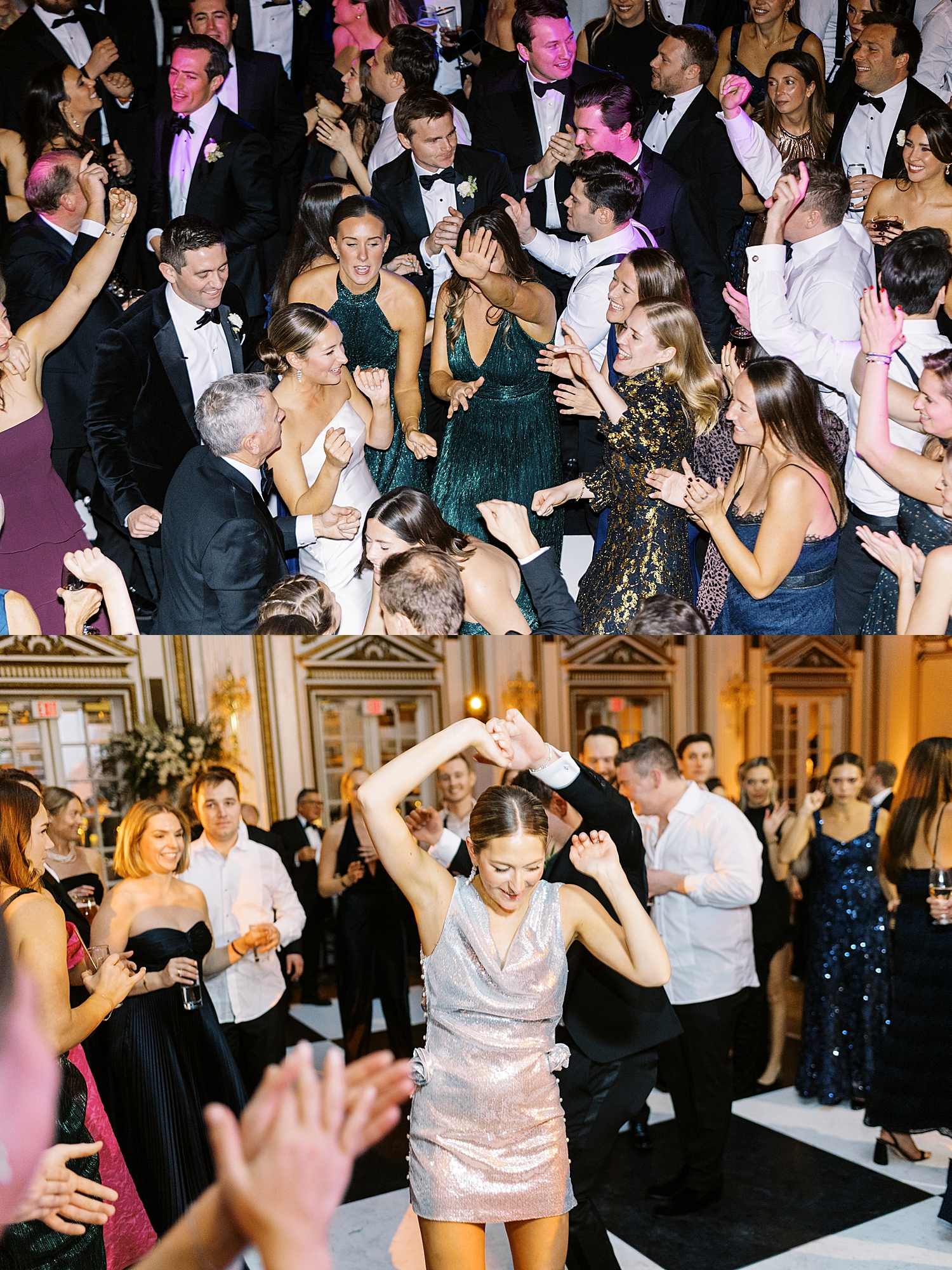 bride in silver reception dress dances with friends by Boston photographer