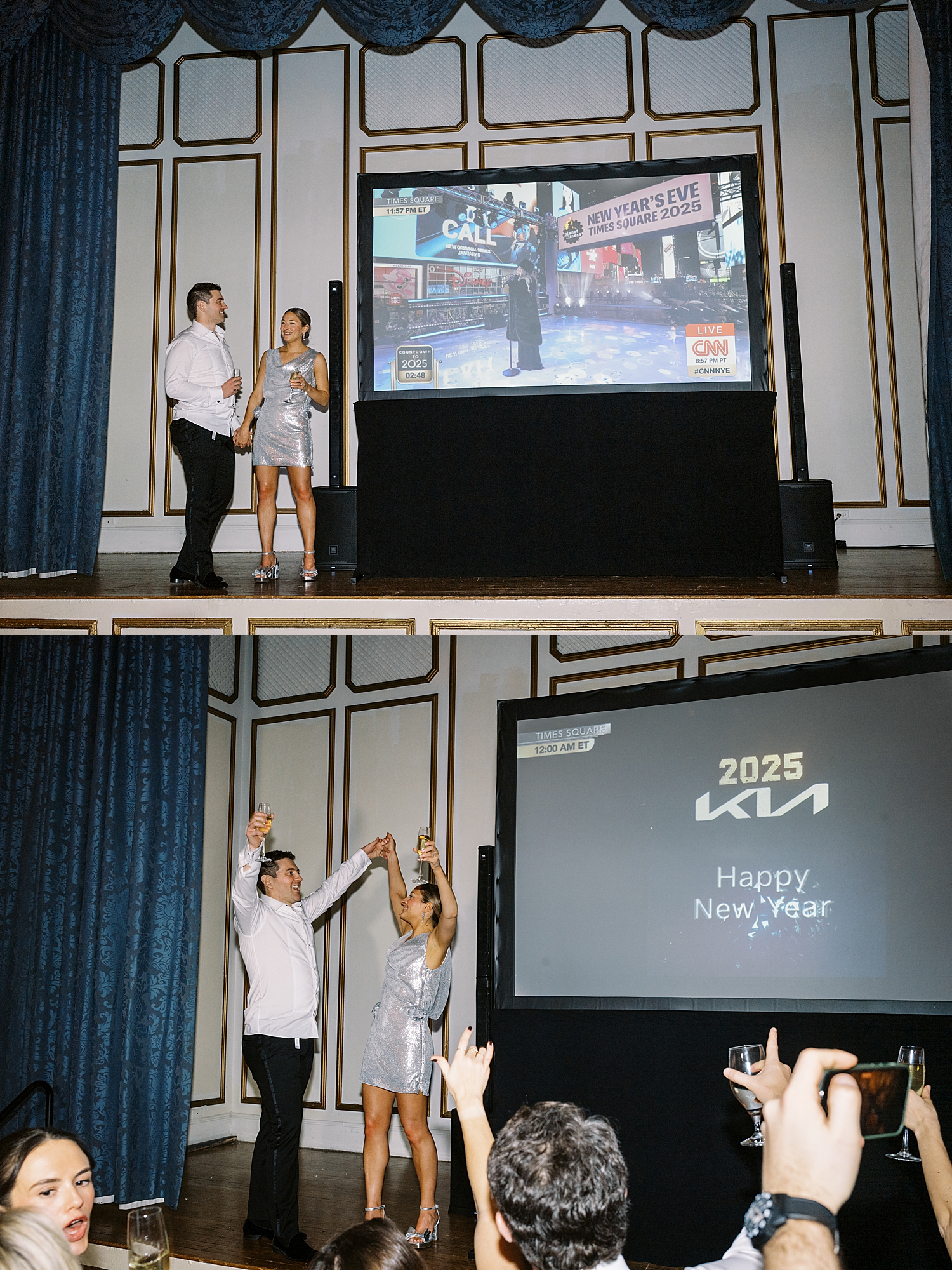 husband and wife ring in the New year with their guests at reception by Lynne Reznick Photography