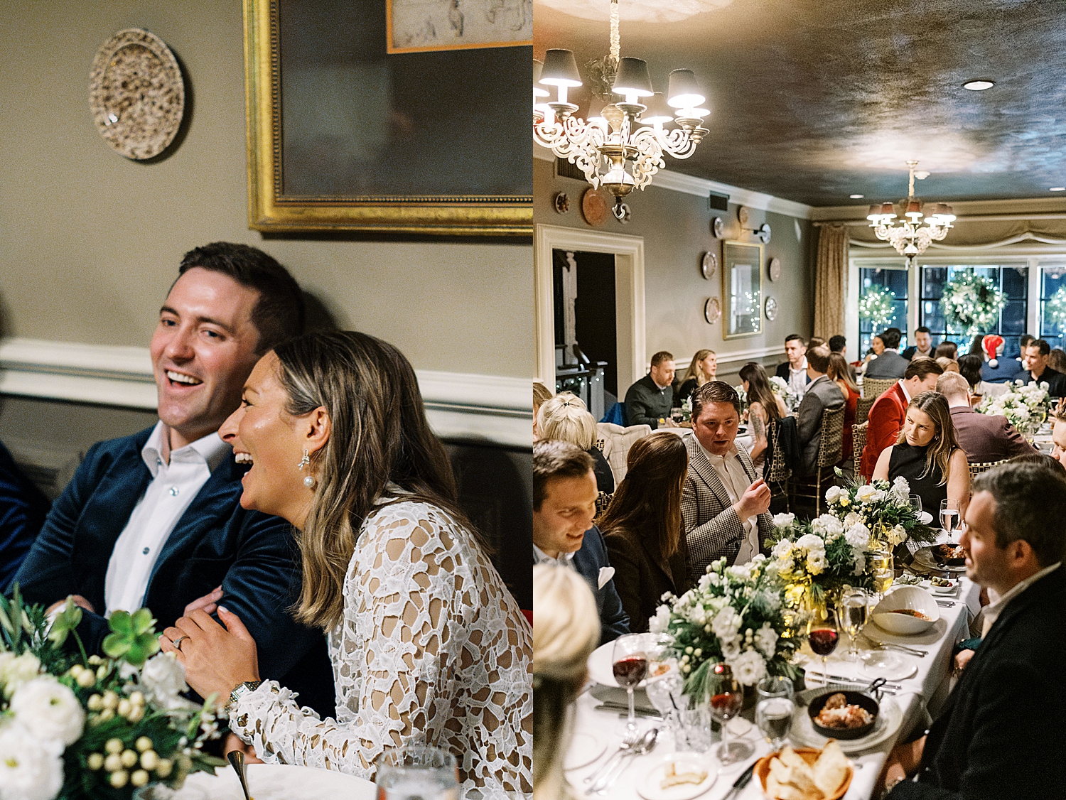bride and groom laugh at toasts during welcome dinner for NYE wedding weekend