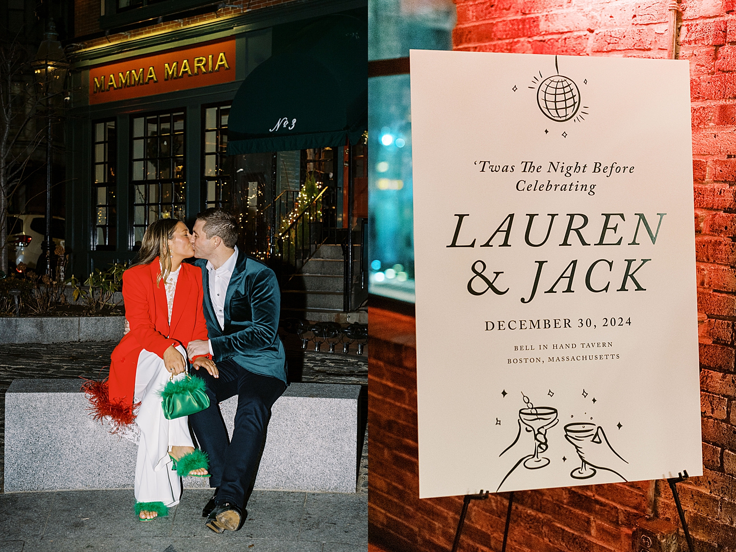 couple sits on sidewalk bench to share a kiss by Boston photographer