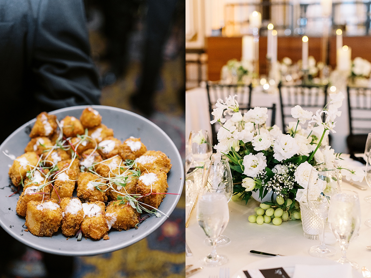 delicious appetizers passed around room decorated in florals for NYE wedding weekend