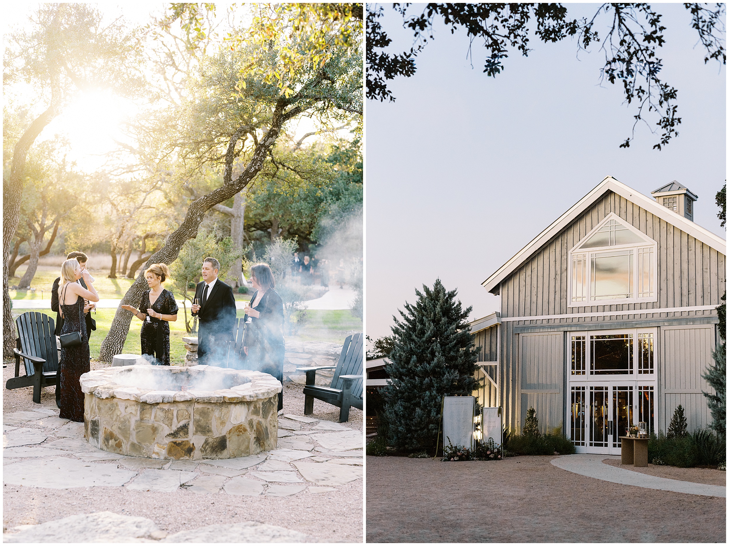 Fire pit gathering during golden sunset at outdoor cocktail hour at Addison Grove wedding venue