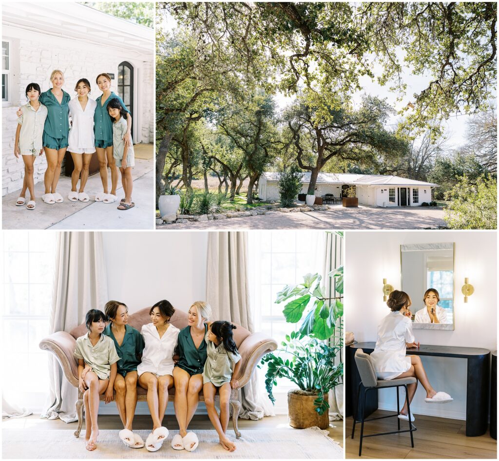 Bride getting ready in bright bridal suite at Addison Grove Austin Hill Country wedding venue