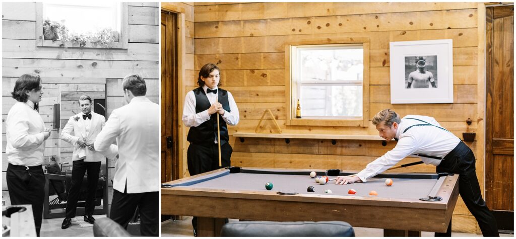 groom playing pool and getting ready in suite at Austin wedding venue