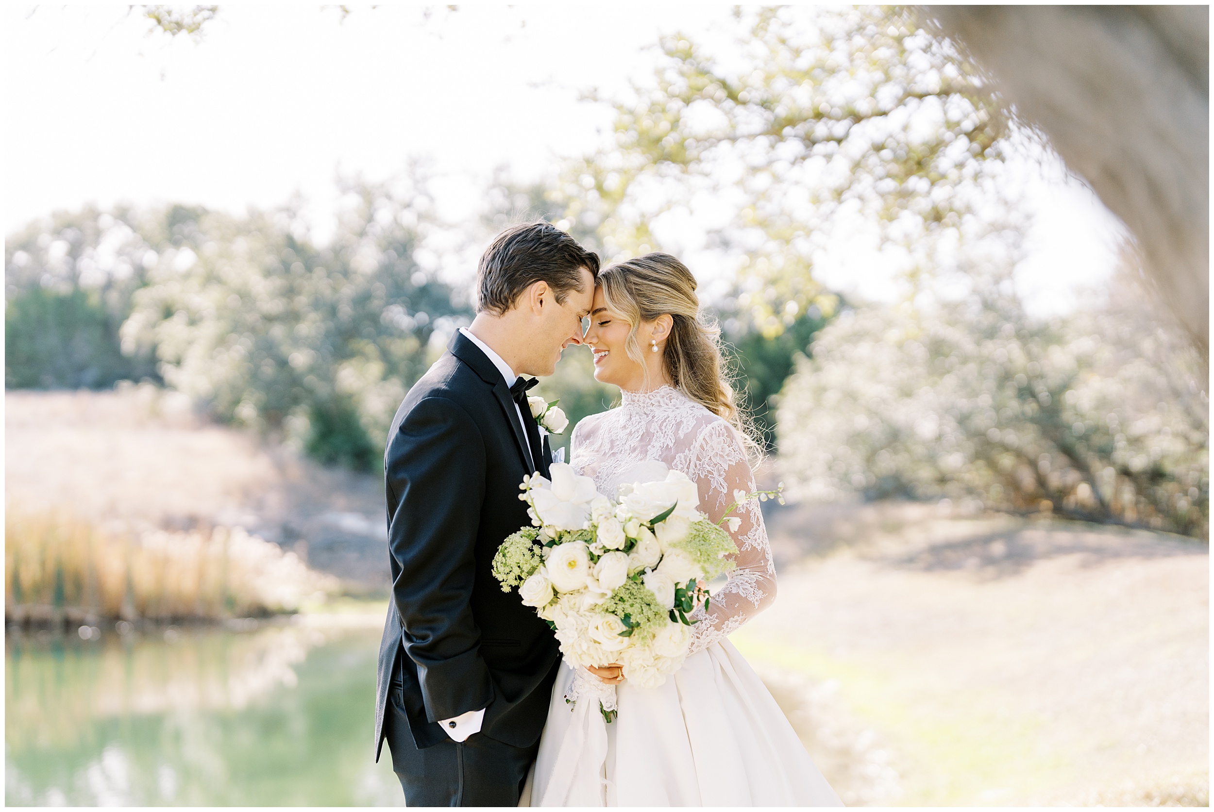Editorial style wedding portraits in open field at Addison Grove wedding venue near Austin