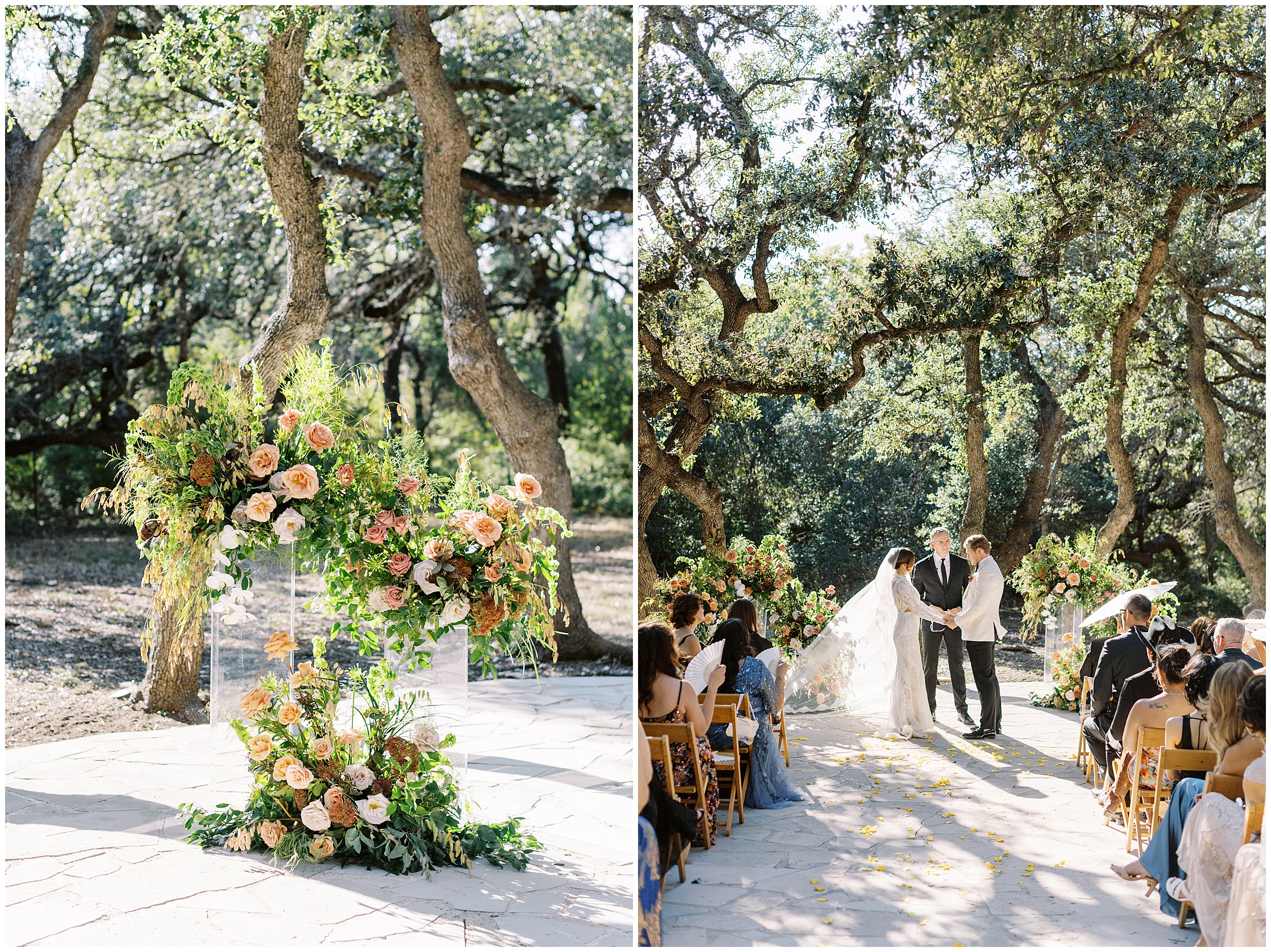 Ceremony setup with floral installation at Addison Grove and couple saying vows during ceremony