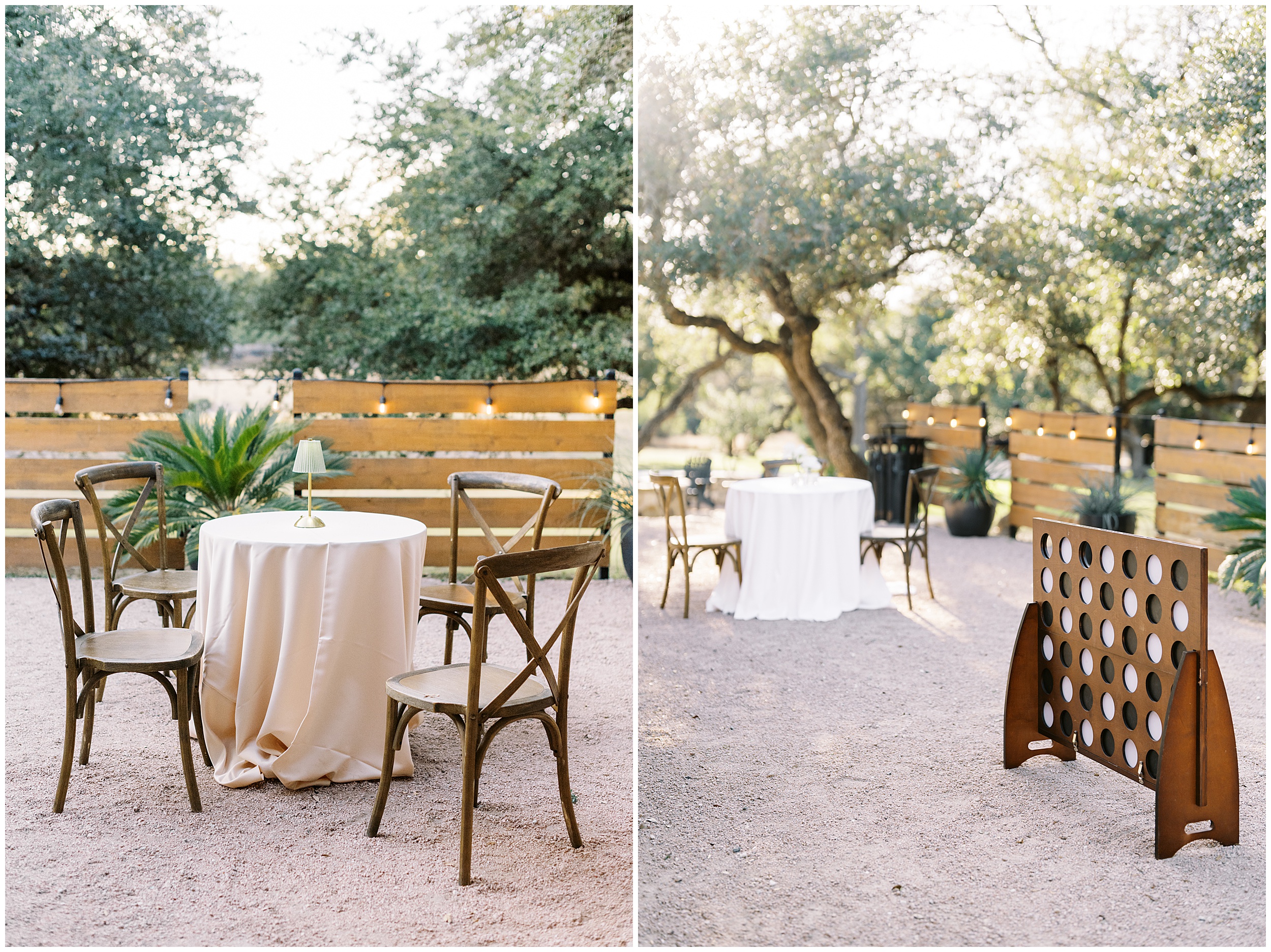 Outdoor lounge setup for cocktail hour at Addison Grove Driftwood Texas wedding