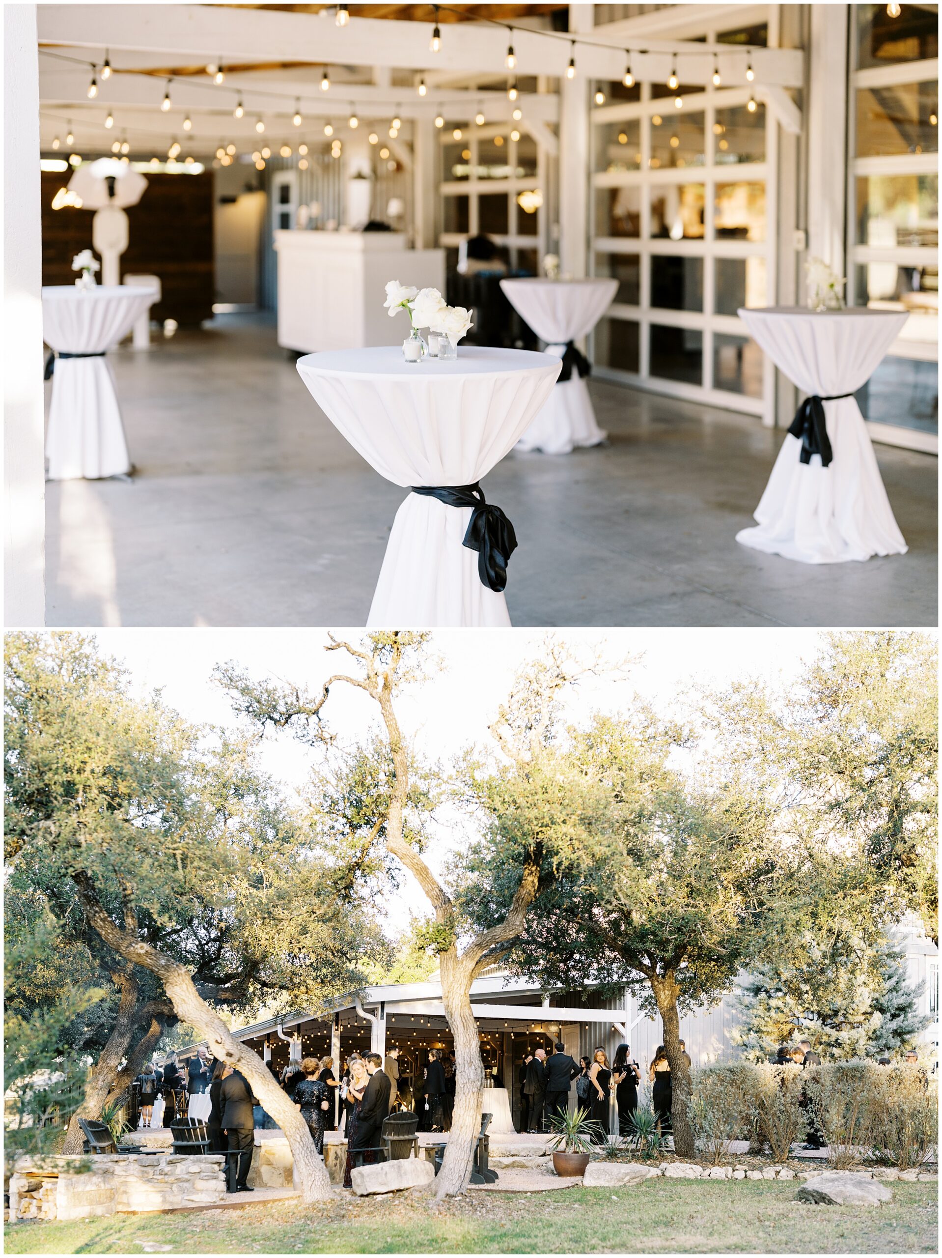 Outdoor lounge setup for cocktail hour at Addison Grove Driftwood Texas wedding