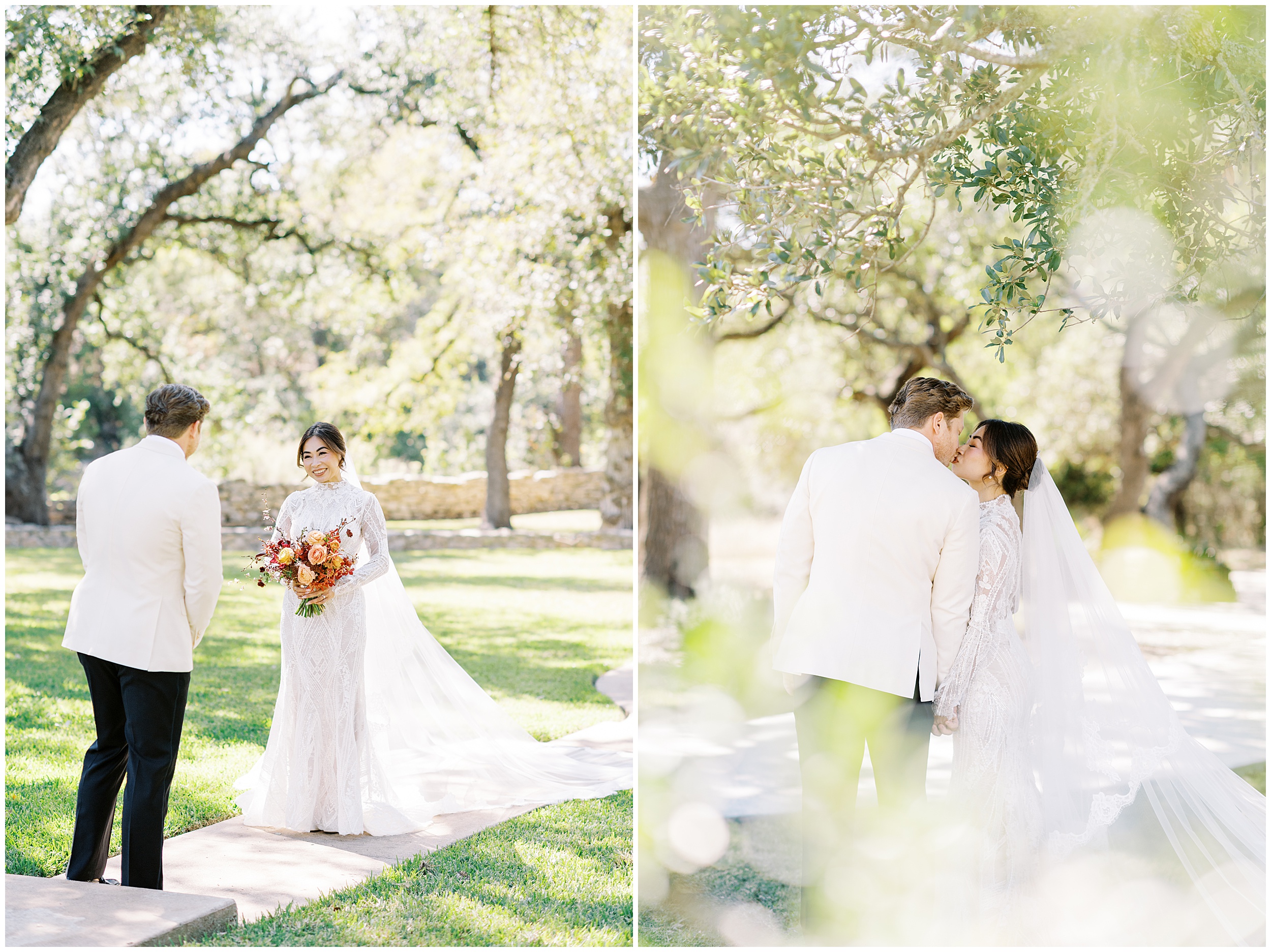 Romantic first look under oak trees at Addison Grove Austin Hill Country wedding venue