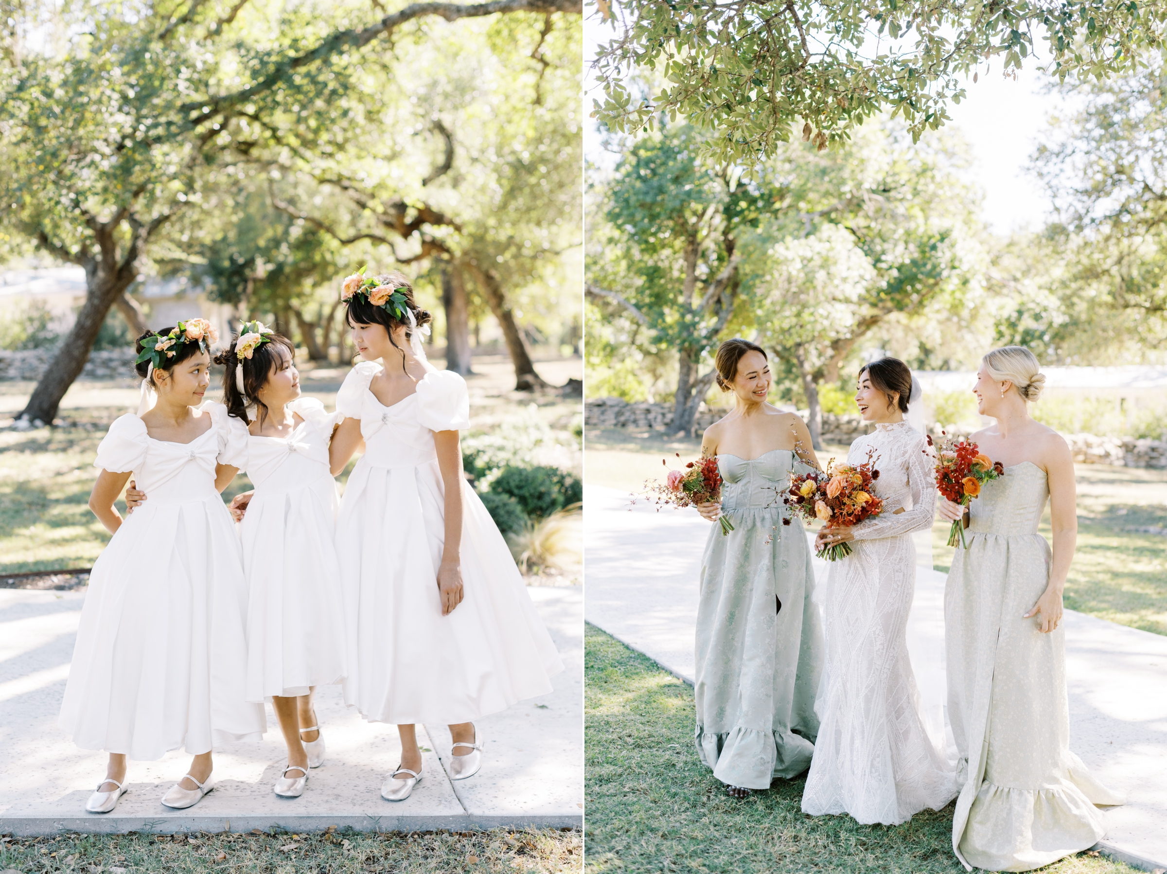 Wedding party portraits with natural landscape backdrop at The Addison Grove in Driftwood Texas