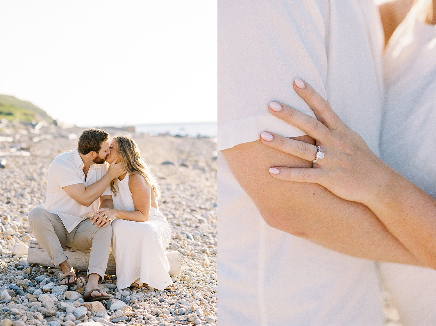 two people sit on driftwood on the beach and kiss by Lynne Reznick Photography