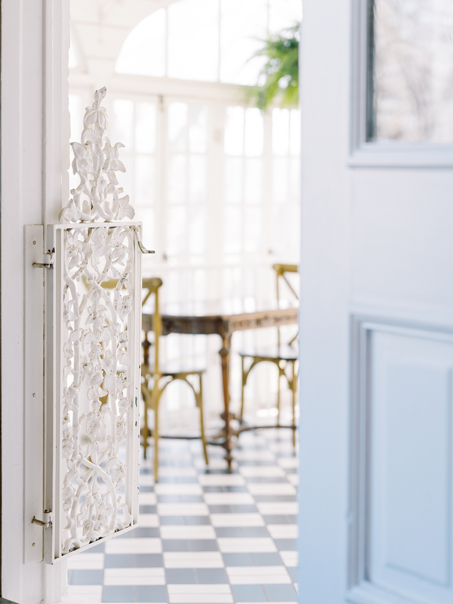 blue door leading into sun room with checkered floor by Lynne Reznick Photography 