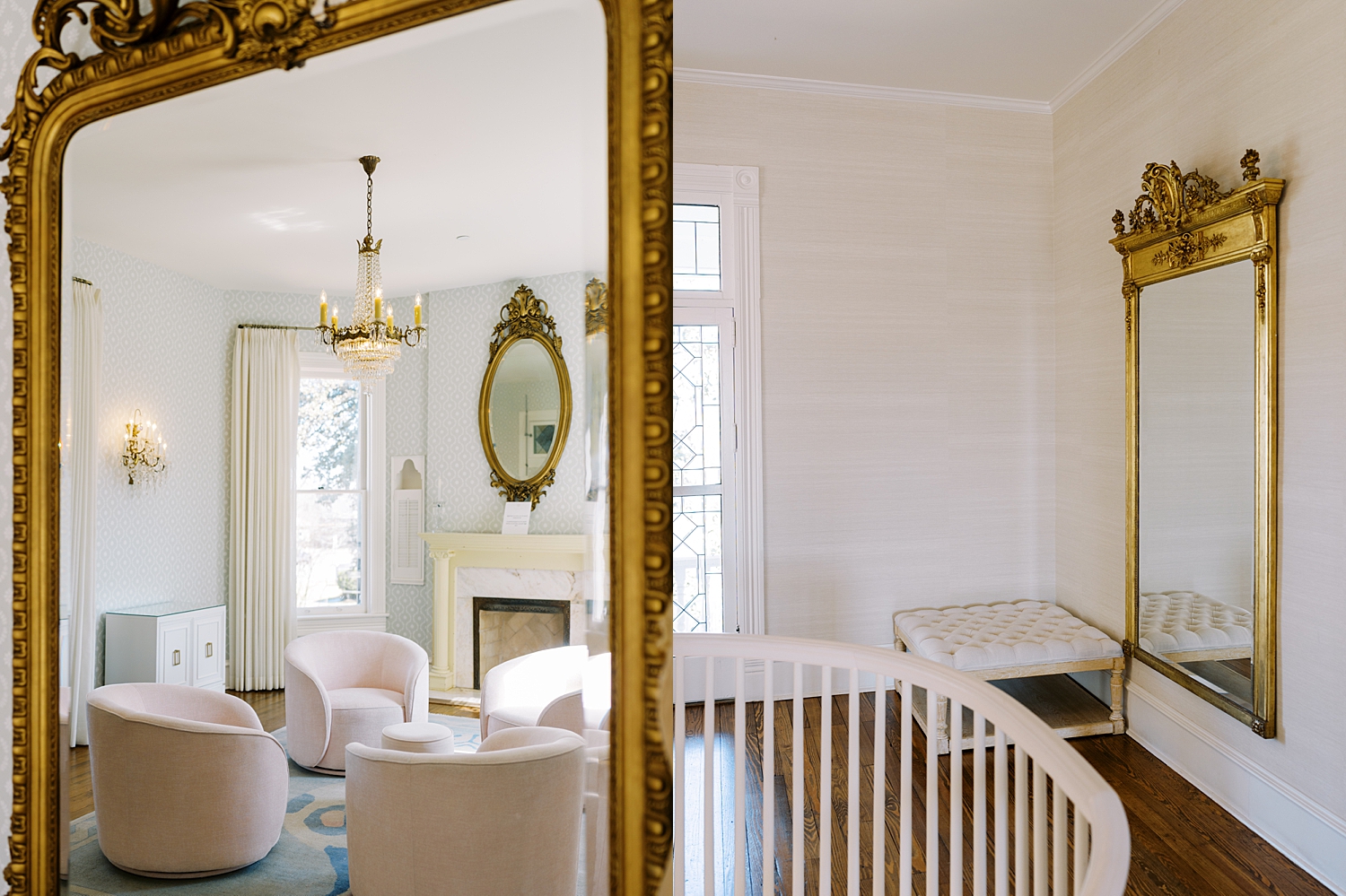 getting ready room through gold mirror by Lynne Reznick Photography 